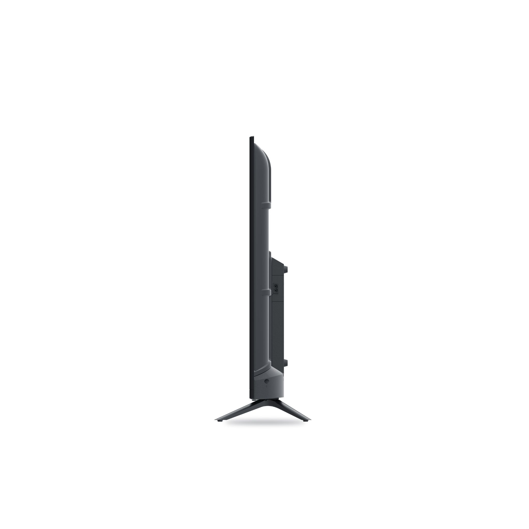 Seitenansicht eines dunkelgrauen Flachbildfernsehers auf weißem Hintergrund. Der Fernseher steht auf einem Ständer.