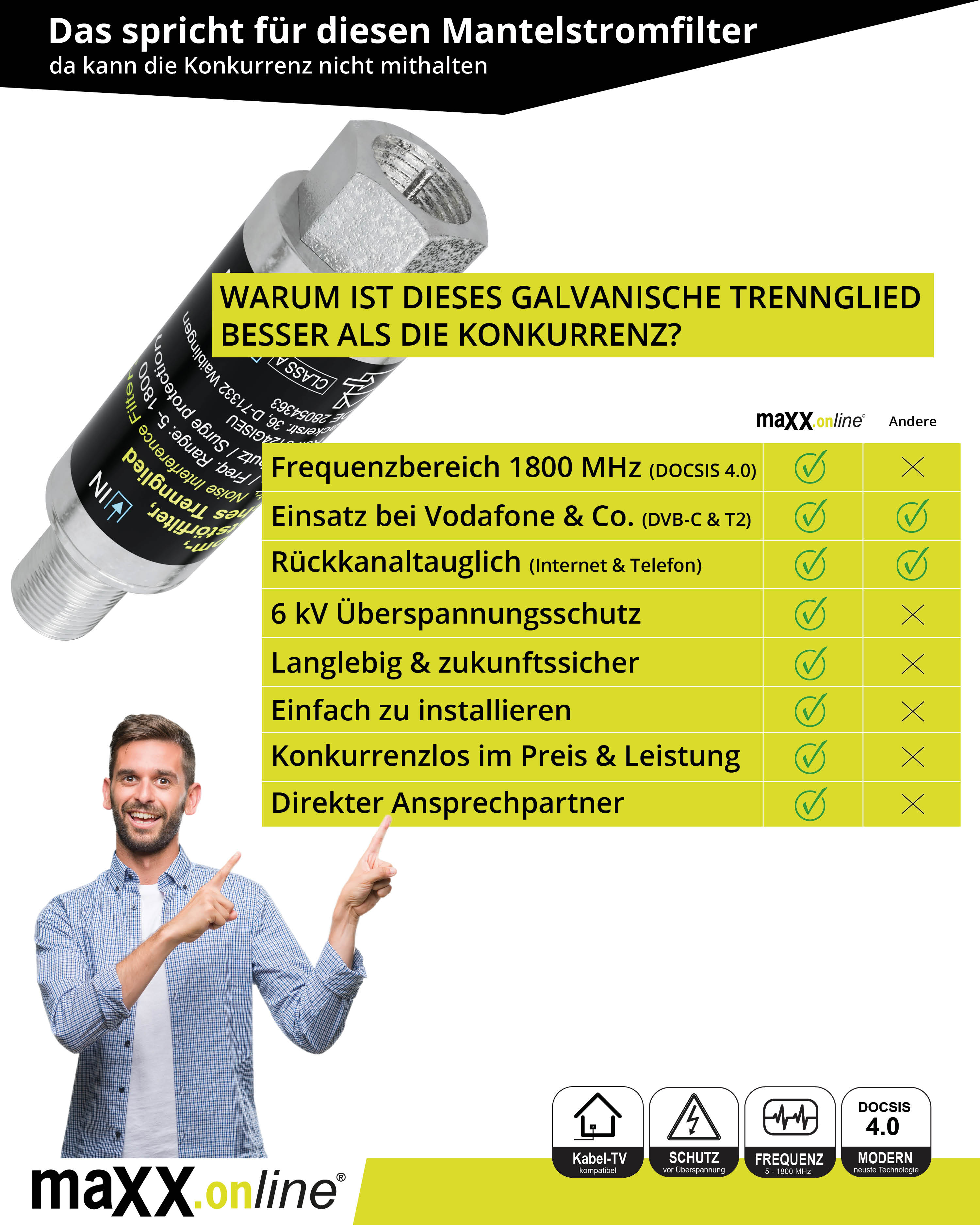 Ein Mann zeigt auf einen galvanischen Isolator, mit einer Tabelle mit Vorteilen und einem Logo.