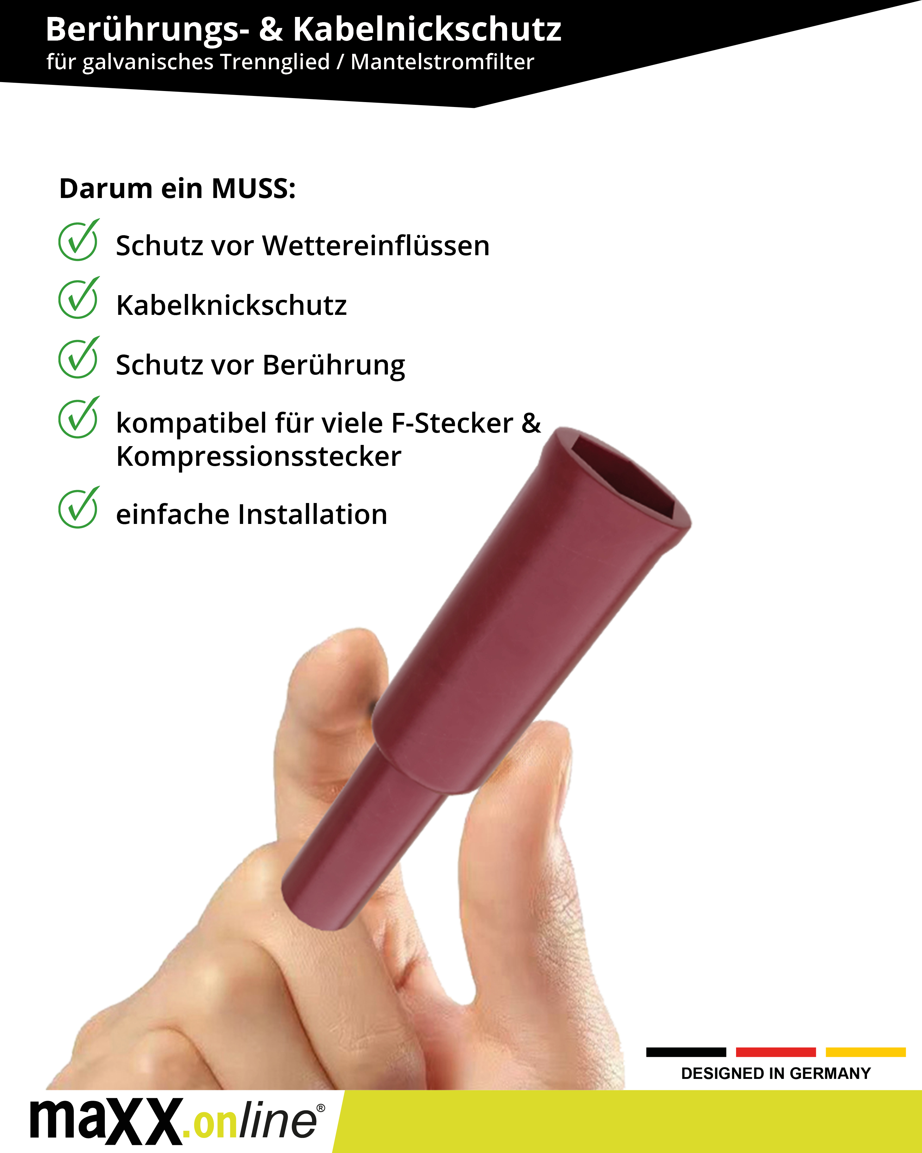 Eine Hand hält einen weinroten Kabelschutz. Text listet Funktionen wie Wetter- und Berührungsschutz sowie einfache Installation.