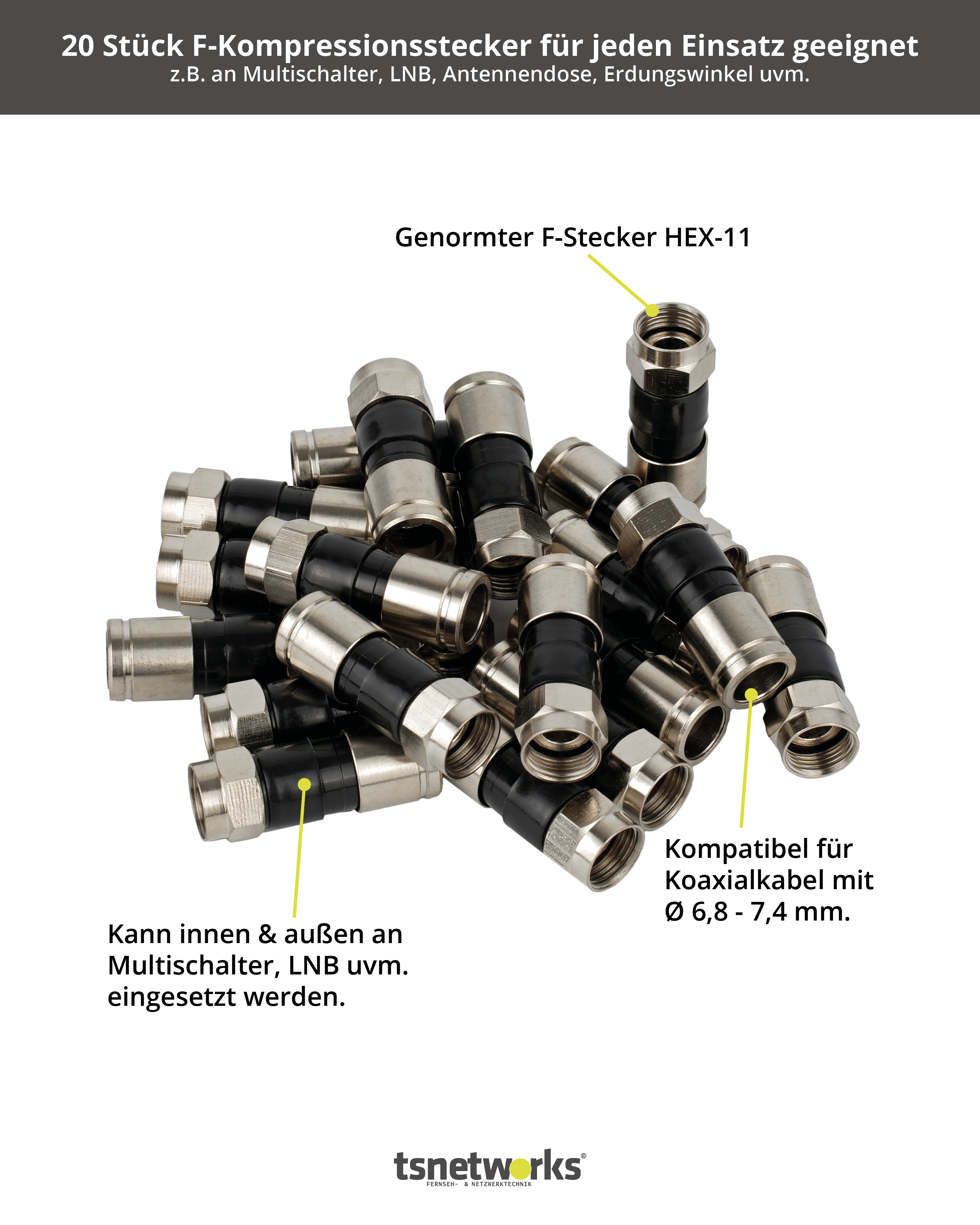 Das Bild zeigt mehrere F-Kompressionsstecker. Text enthält Produktdetails, Kompatibilität und Anwendungsszenarien.