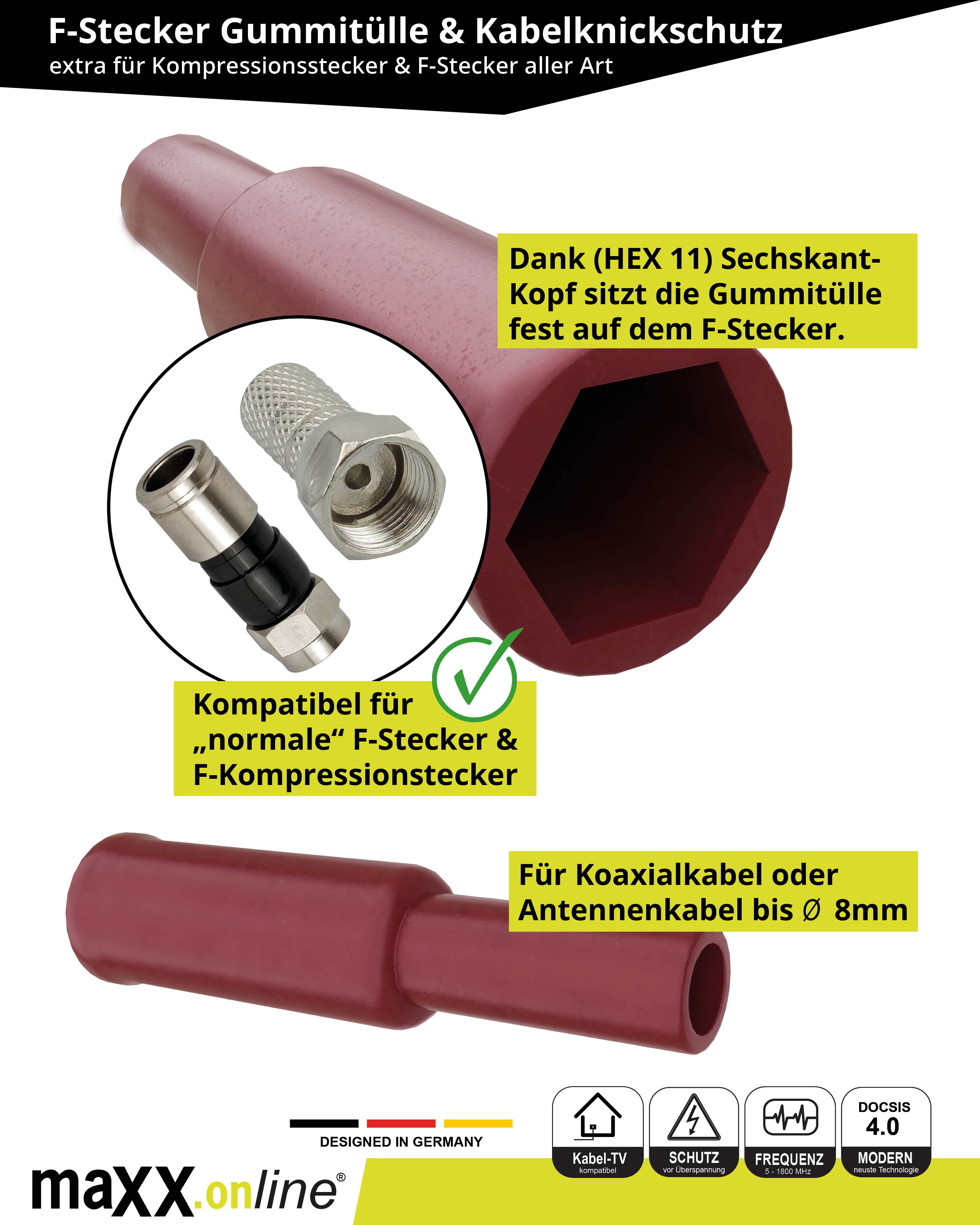 Eine rote Gummi-F-Stecker-Abdeckung mit Metallanschluss in einem Kreis. Text auf dem Produkt und Logos.