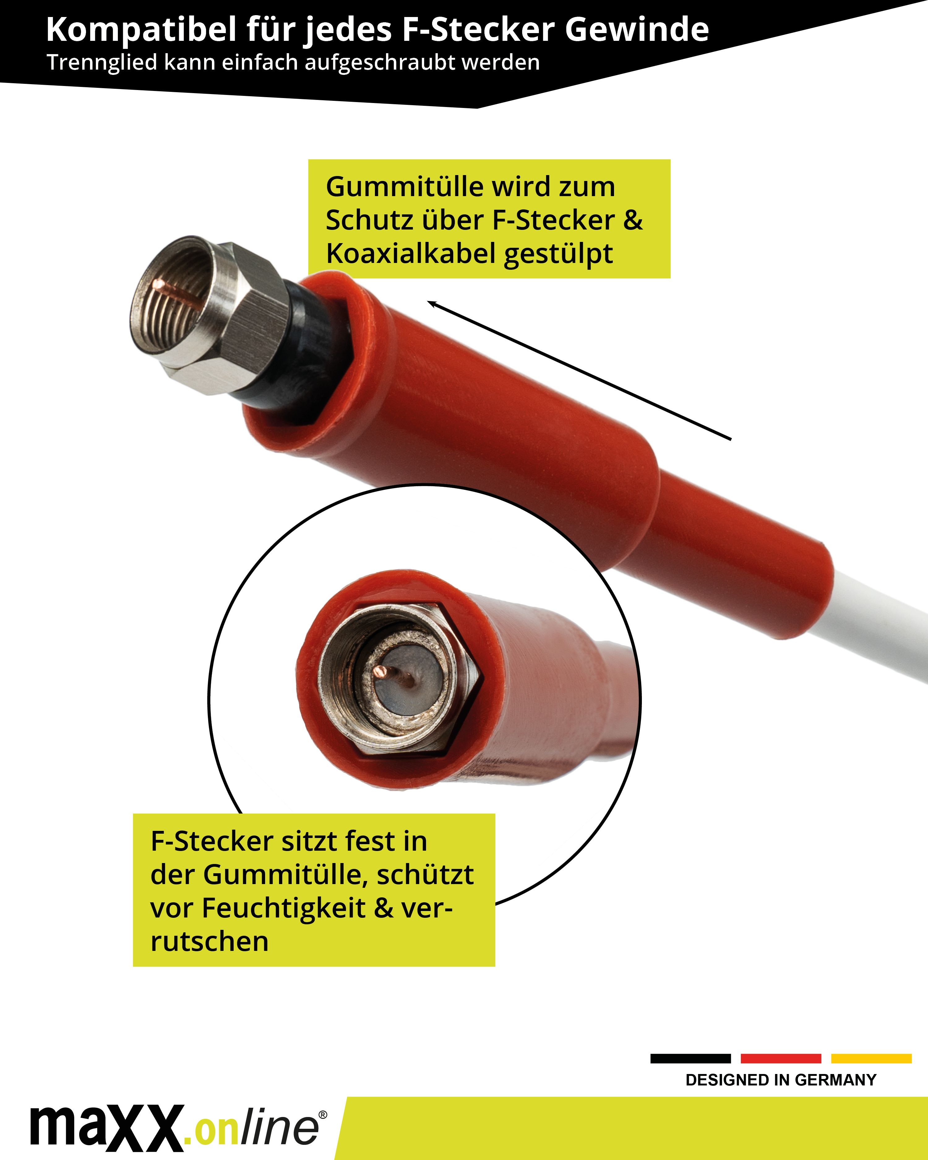 Nahaufnahme eines F-Steckers und eines Koaxialkabels. Es hat eine rote Abdeckung und einen Metallstecker.