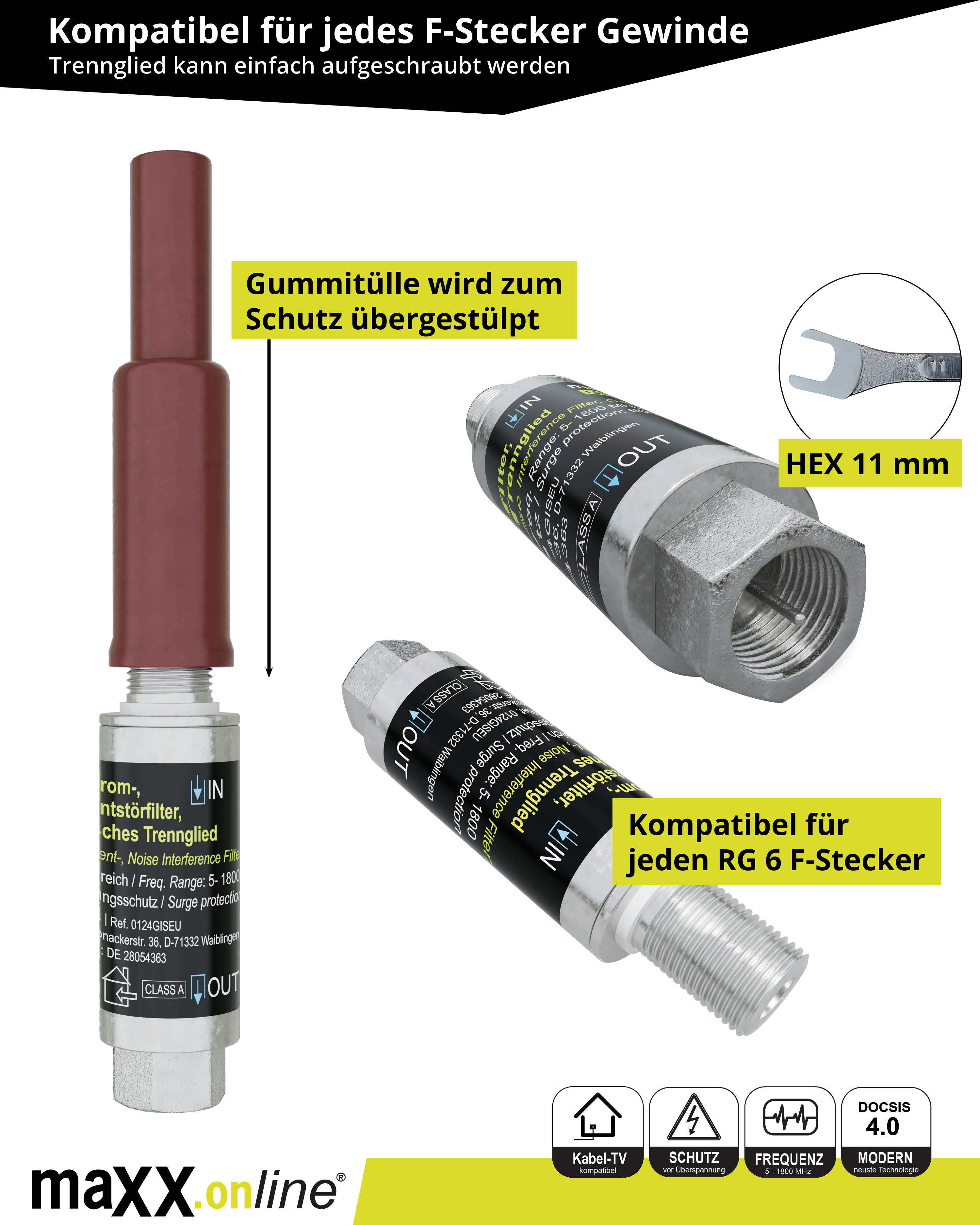 Das Bild zeigt Kabelkomponenten mit Text. Enthält einen Schraubenschlüssel und Produktdetails. Text enthält 'OUT' und 'IN'.