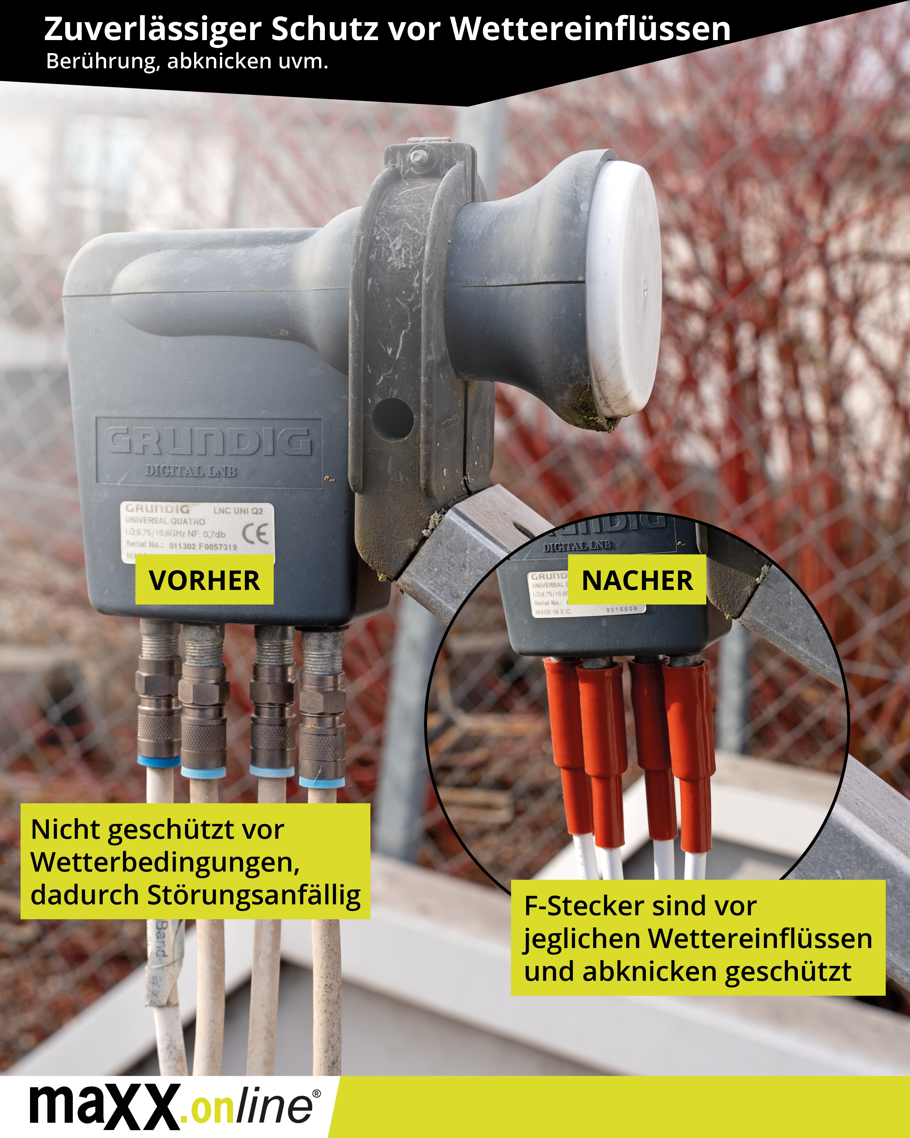 Satelliten-LNB mit Anschlüssen, Vergleich von geschützten und ungeschützten Anschlüssen gegen Witterung.