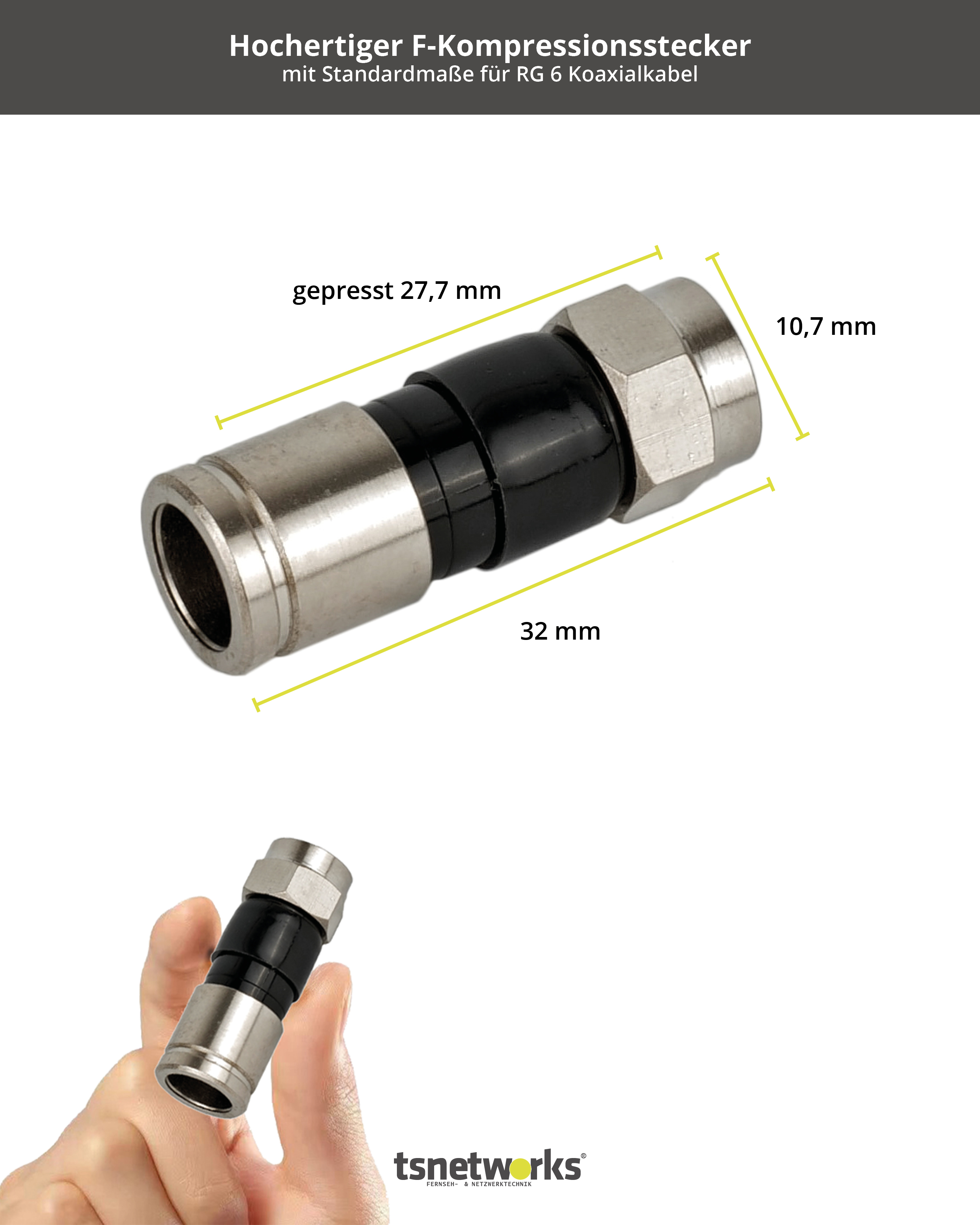 Ein Metallstecker mit schwarzen und silbernen Teilen, gehalten von einer Hand. Maße sind in gelben Linien dargestellt.