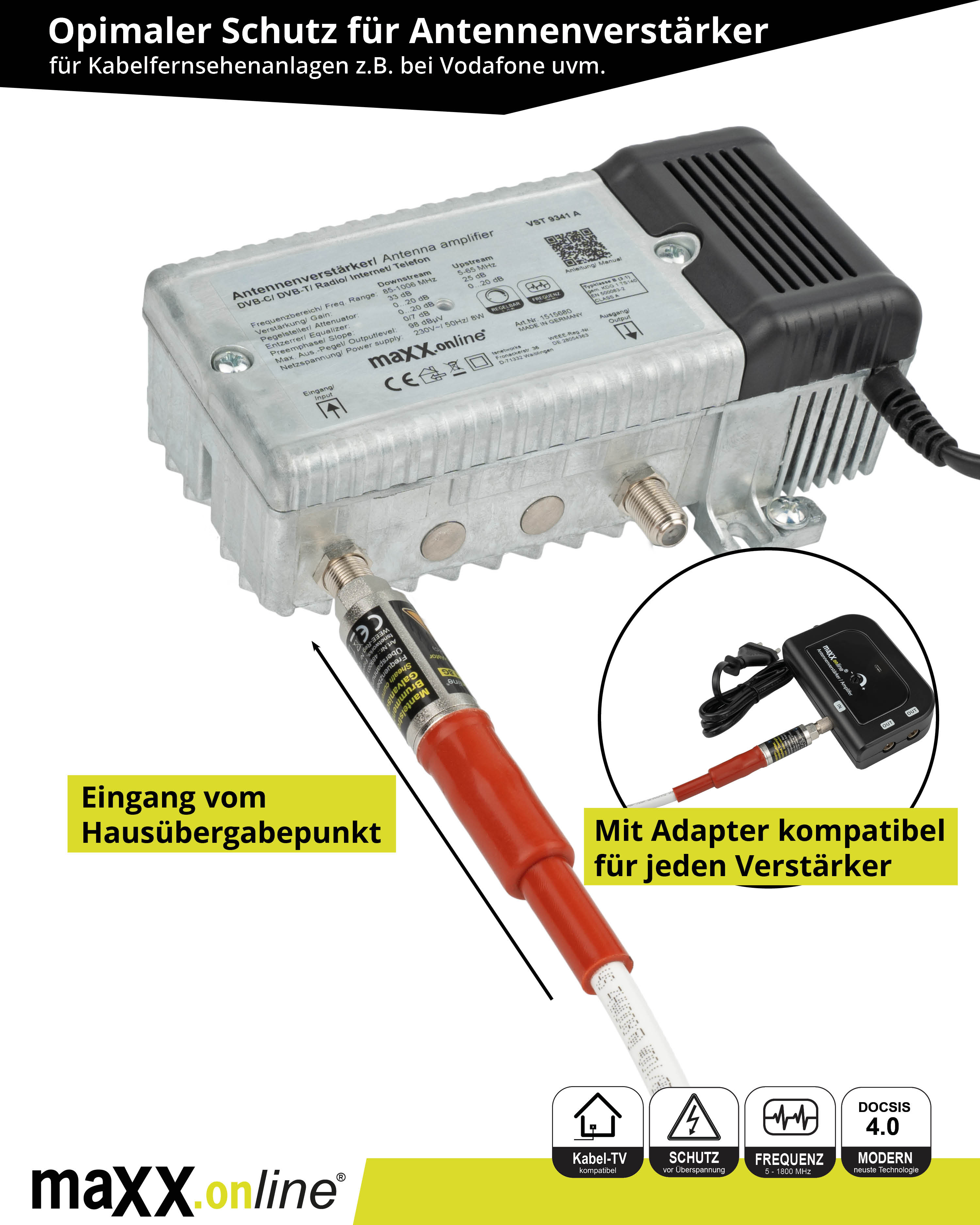 Antennenverstärker mit Kabeln und Anschlüssen, mit deutschem Text und Symbolen. Ein rotes Kabel verbindet sich mit dem Verstärker.