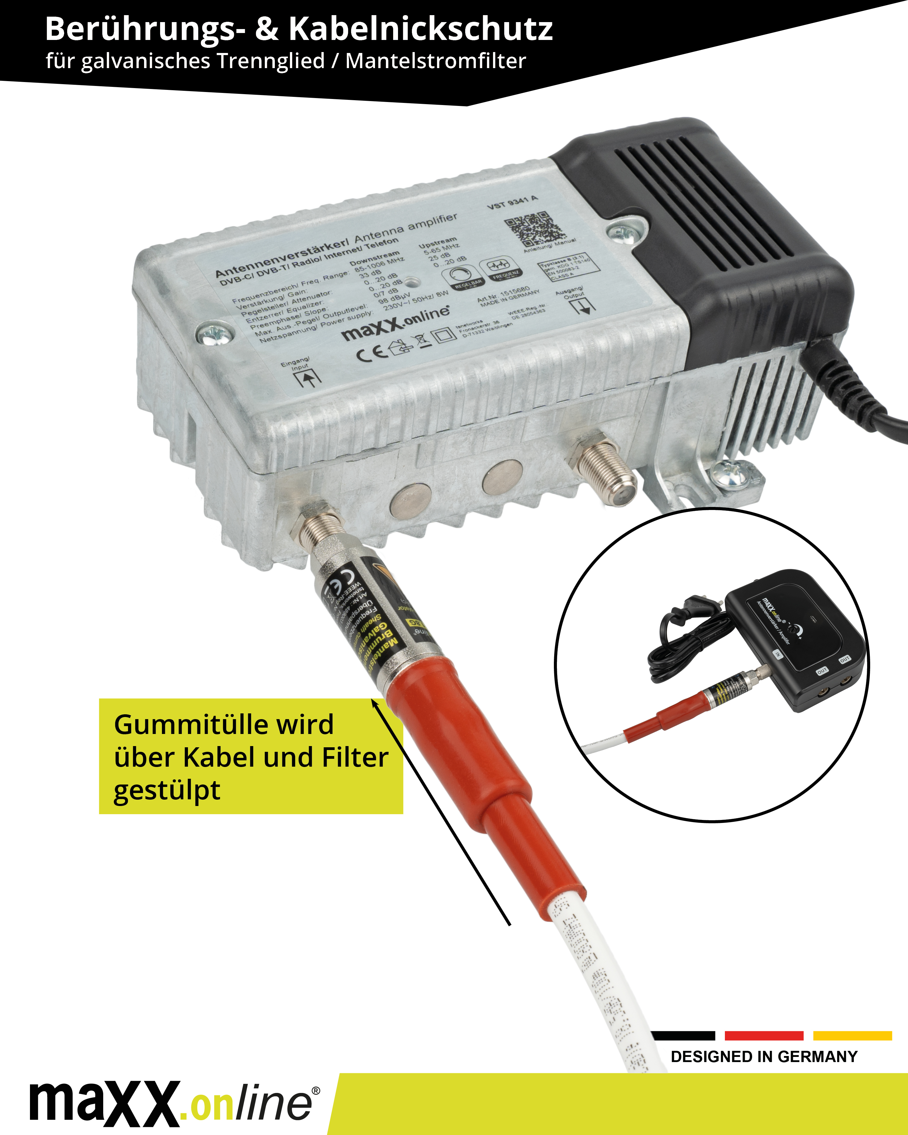 Antennenverstärker mit Kabel und roter Hülse. Text auf Deutsch. Ein kleineres Gerät daneben.