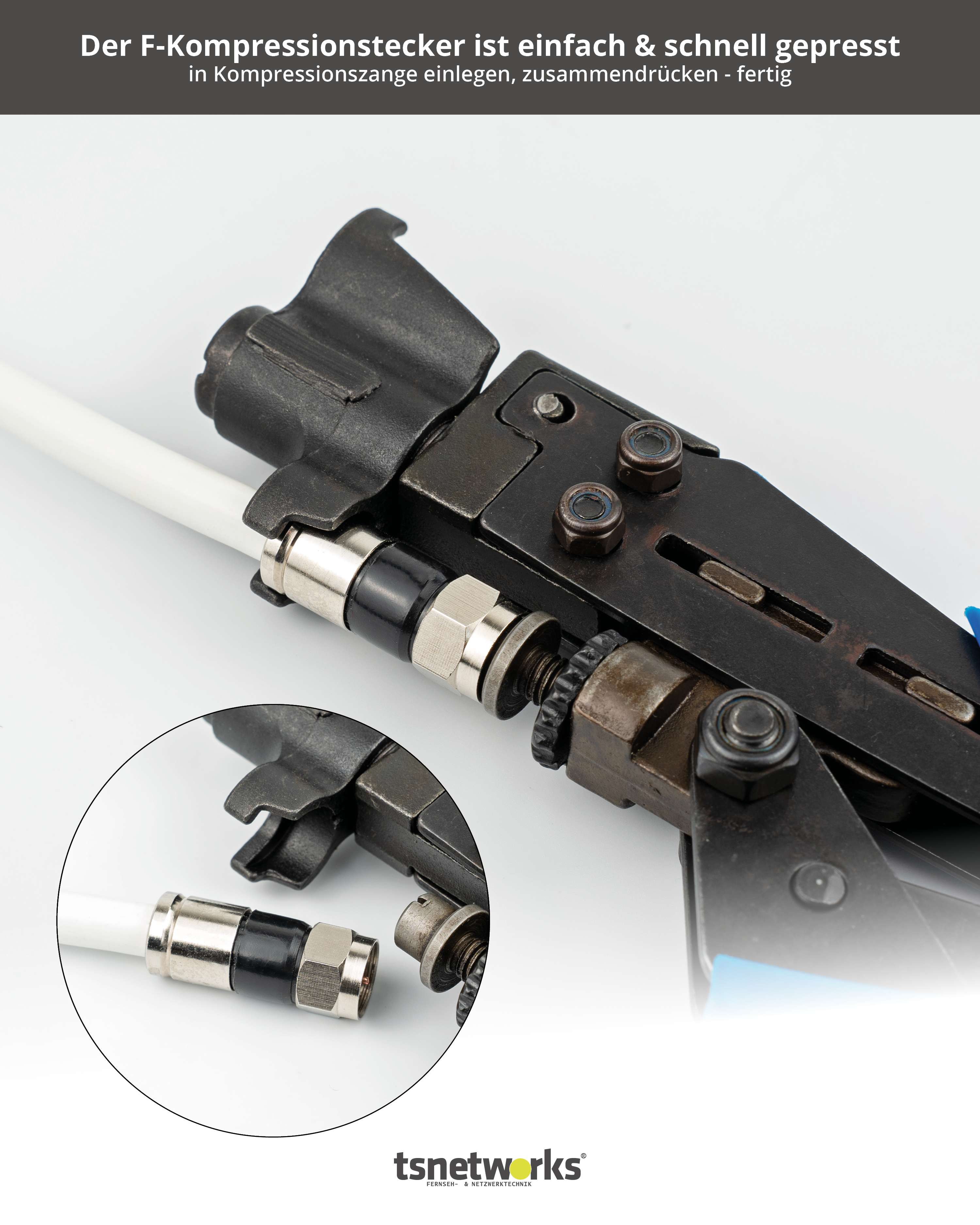Ein Kompressionswerkzeug mit weißem Kabel und Stecker, bereit zum Komprimieren.