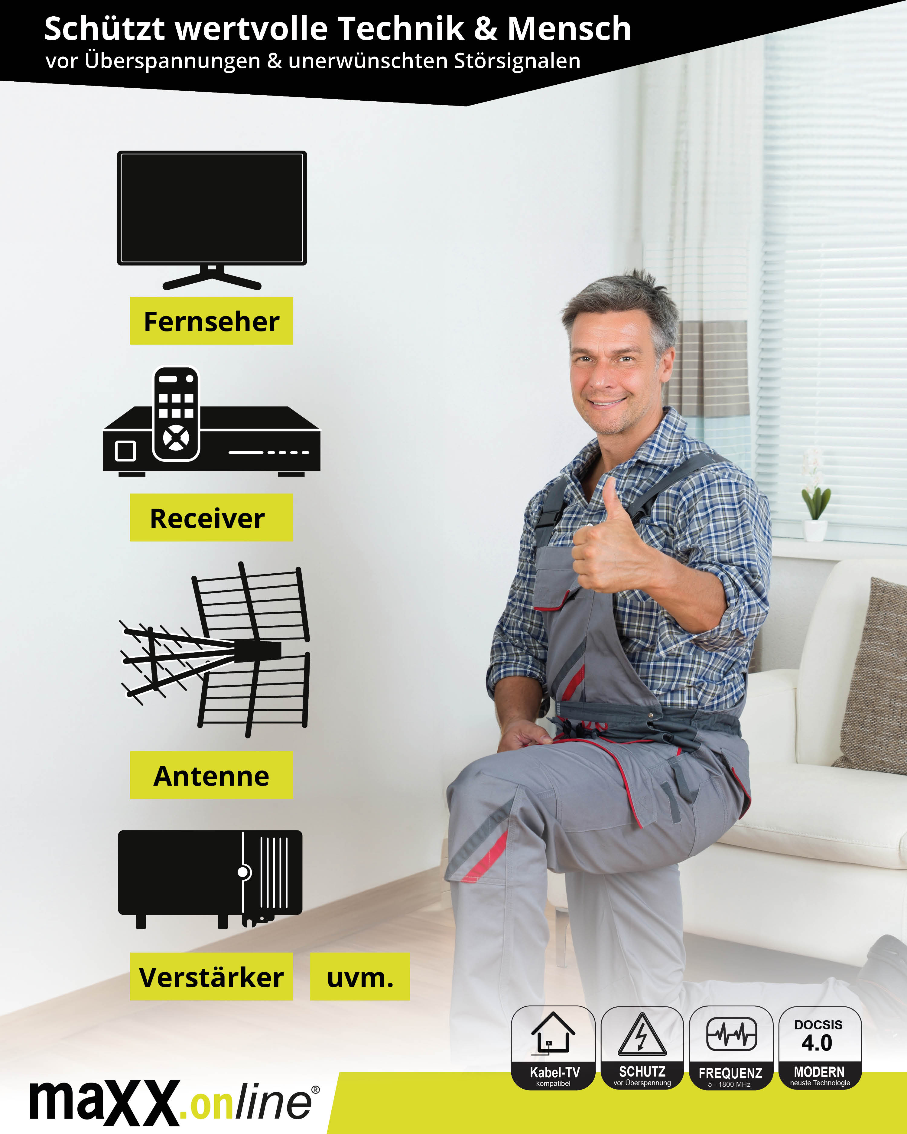 Ein Mann im Arbeitsanzug gibt einen Daumen hoch. Symbole für Fernseher, Empfänger, Antenne und Verstärker.