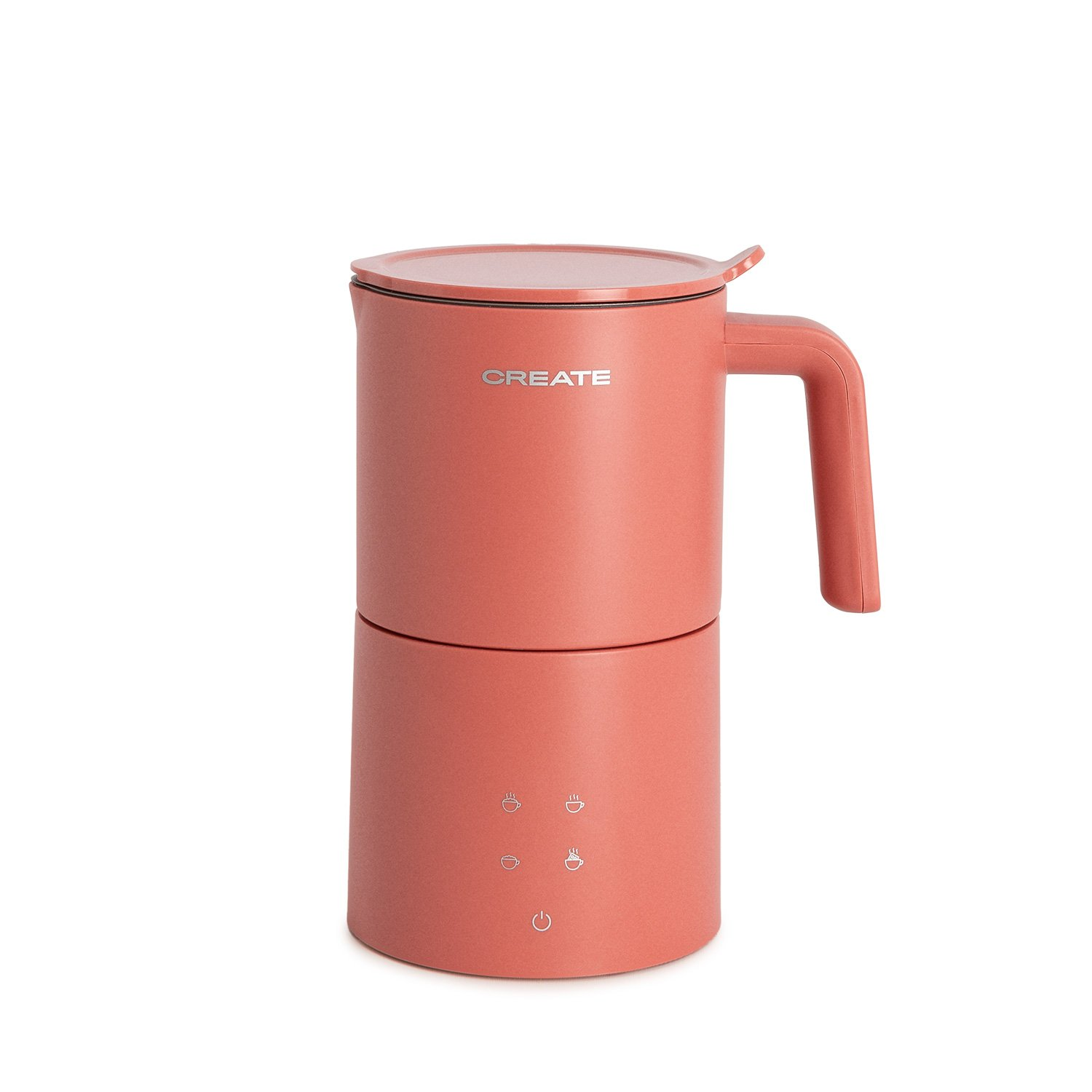 Una cafetera Create de color coral. Tiene un asa, una tapa y botones de control. El fondo es blanco.