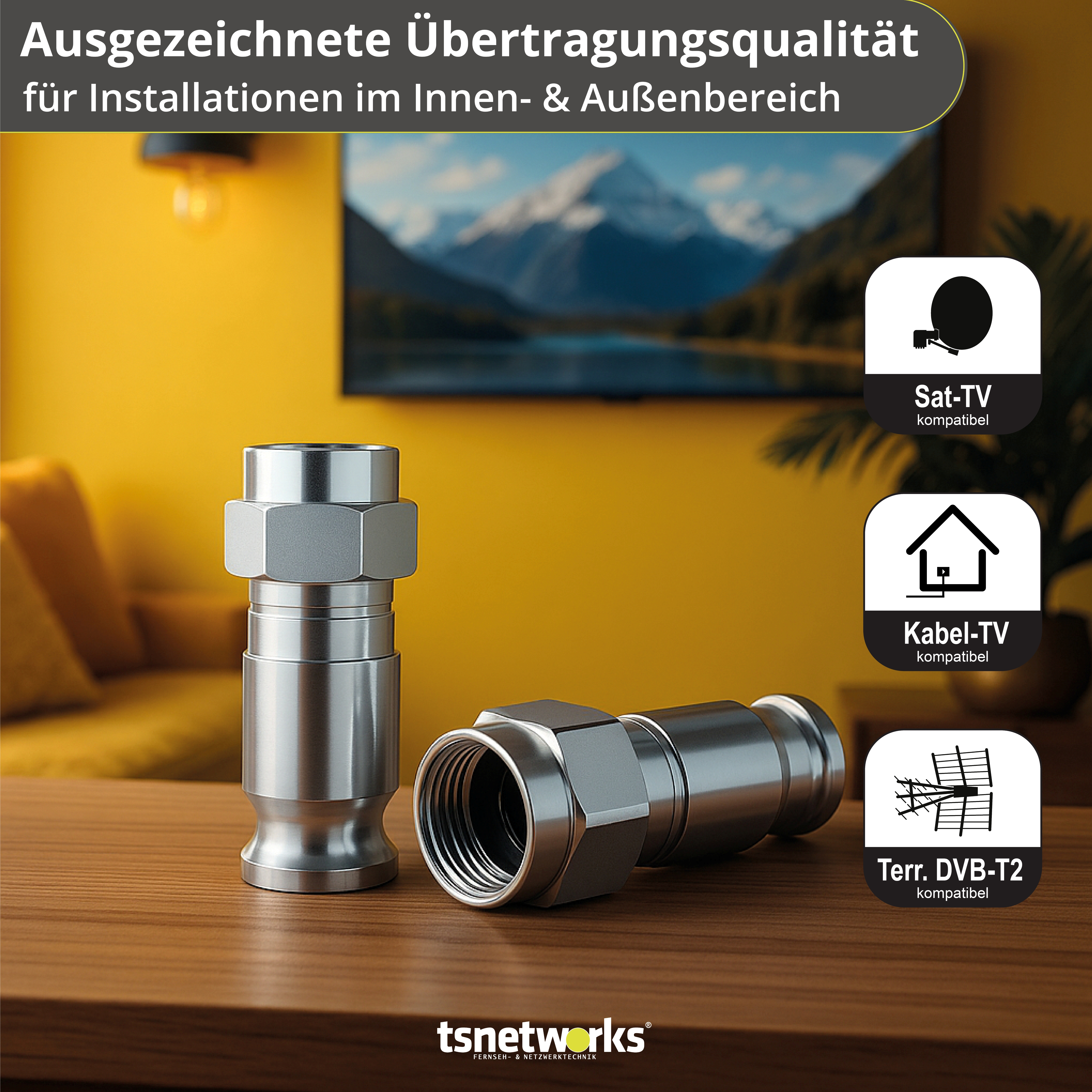 Zwei silberne Koaxialstecker liegen auf Holz. Symbole für Sat-TV, Kabelfernsehen und Terr. DVB-T2 werden angezeigt.