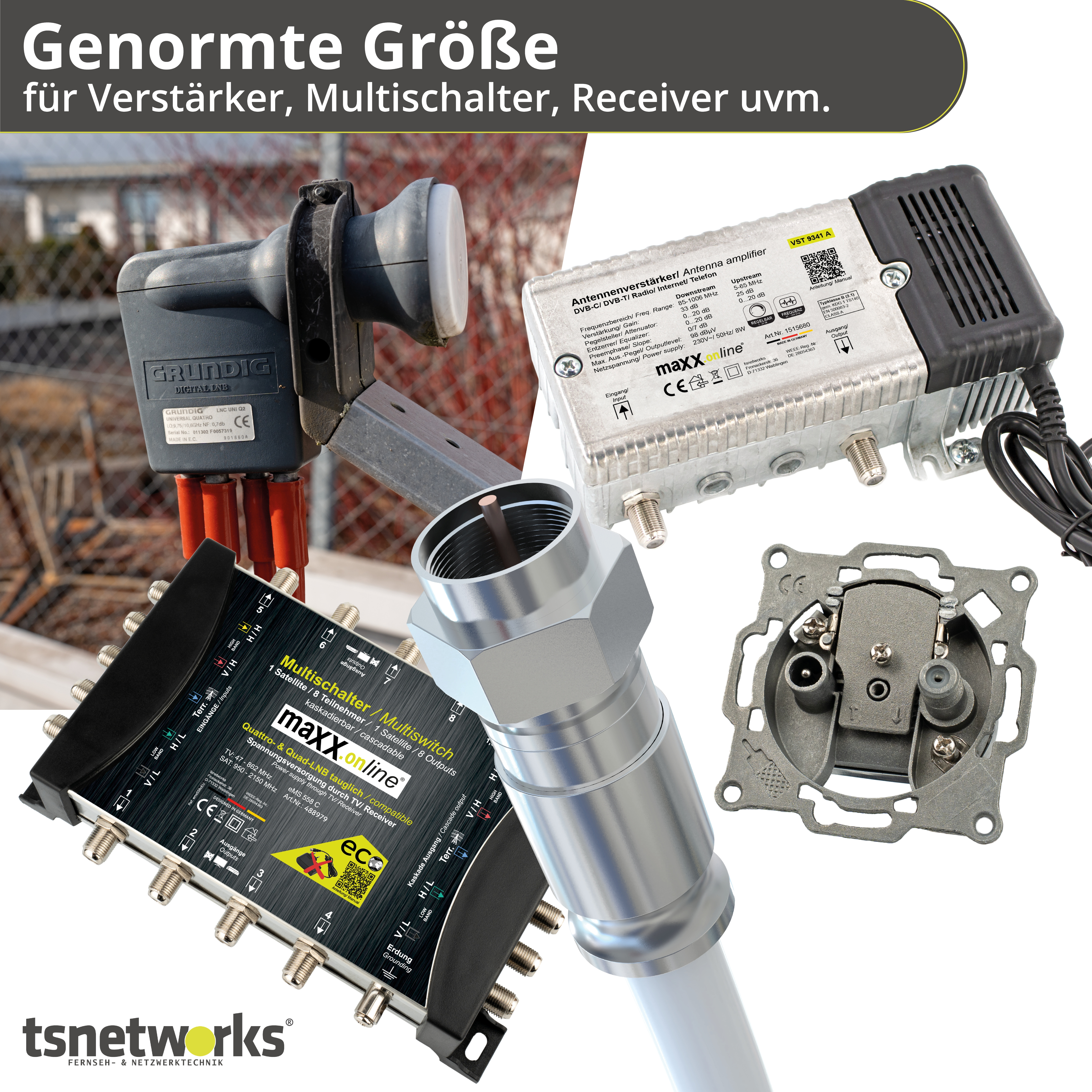 Das Bild zeigt TV-Geräte: LNB, Verstärker, Multischalter, Stecker und eine Wandsteckdose. Text oben.