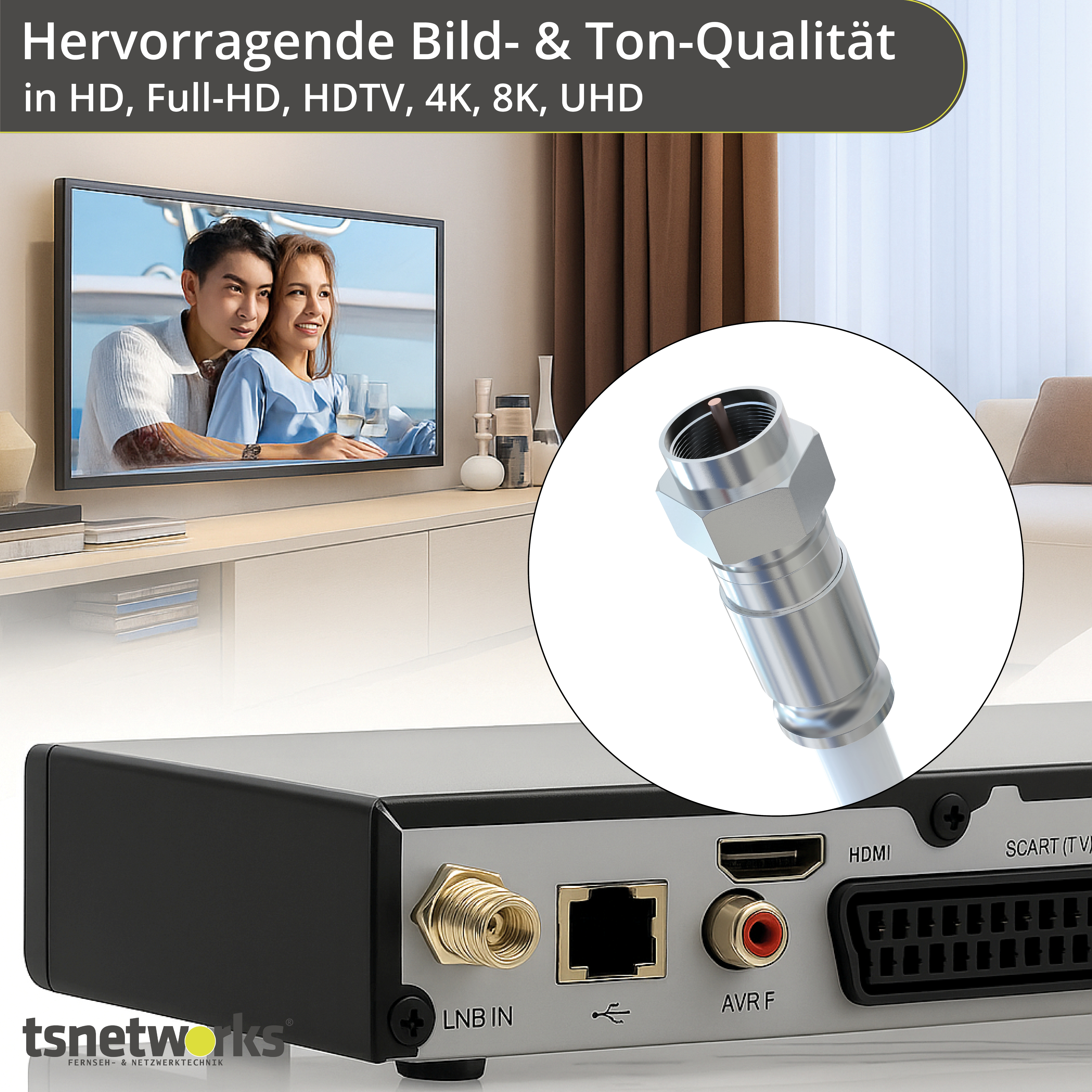 Ein Fernseher zeigt ein Paar. Nahaufnahme eines Kabelanschlusses. Text: Bild- & Ton-Qualität in HD, 4K, 8K, UHD.