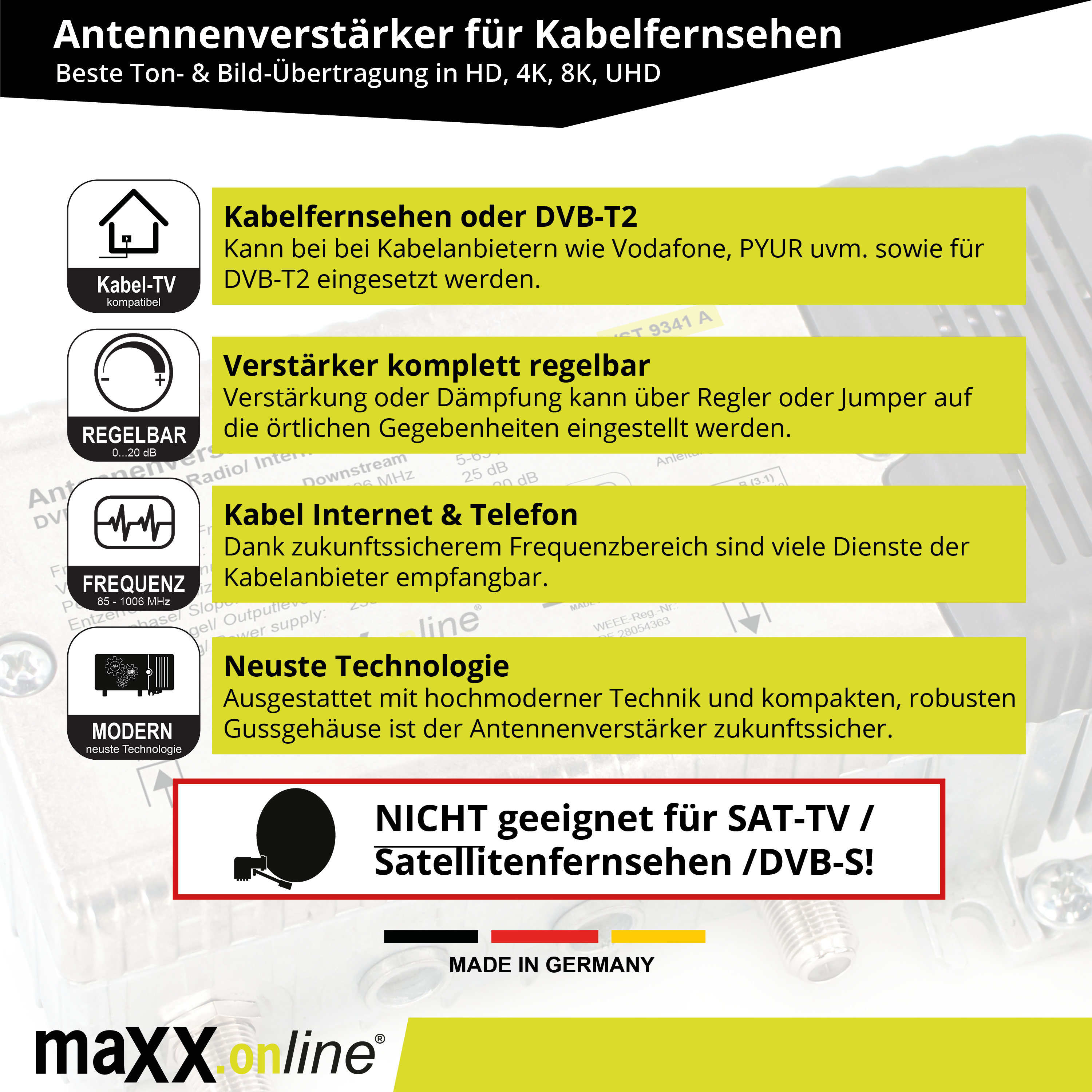 Bild zeigt einen Antennenverstärker mit Text und Symbolen. Enthält Kabel-TV-, Frequenz- und moderne Technologie-Labels.