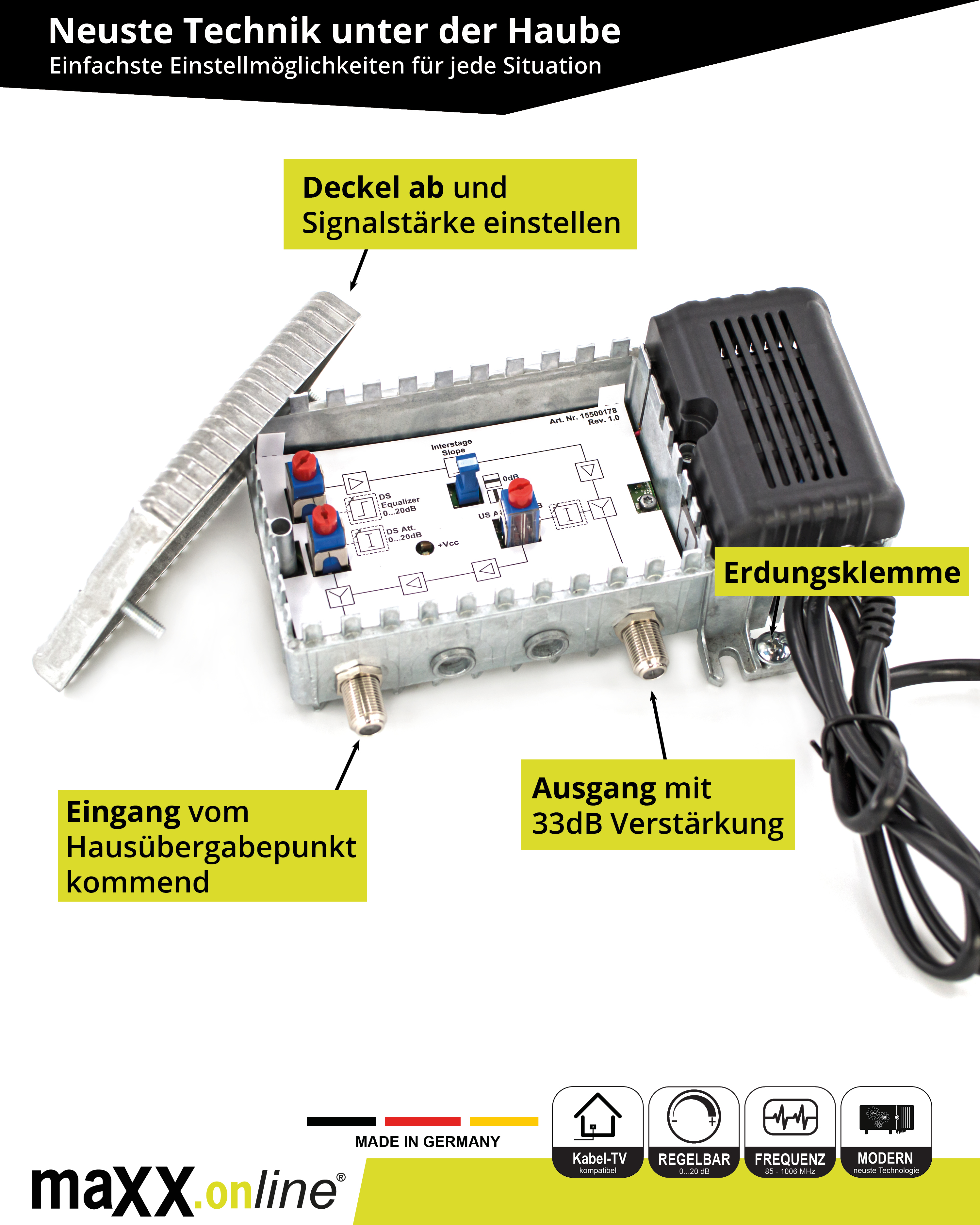 Ein Gerät mit Etiketten, Anschlüssen und einstellbaren Komponenten. Deutscher Text zeigt Einstellungen.