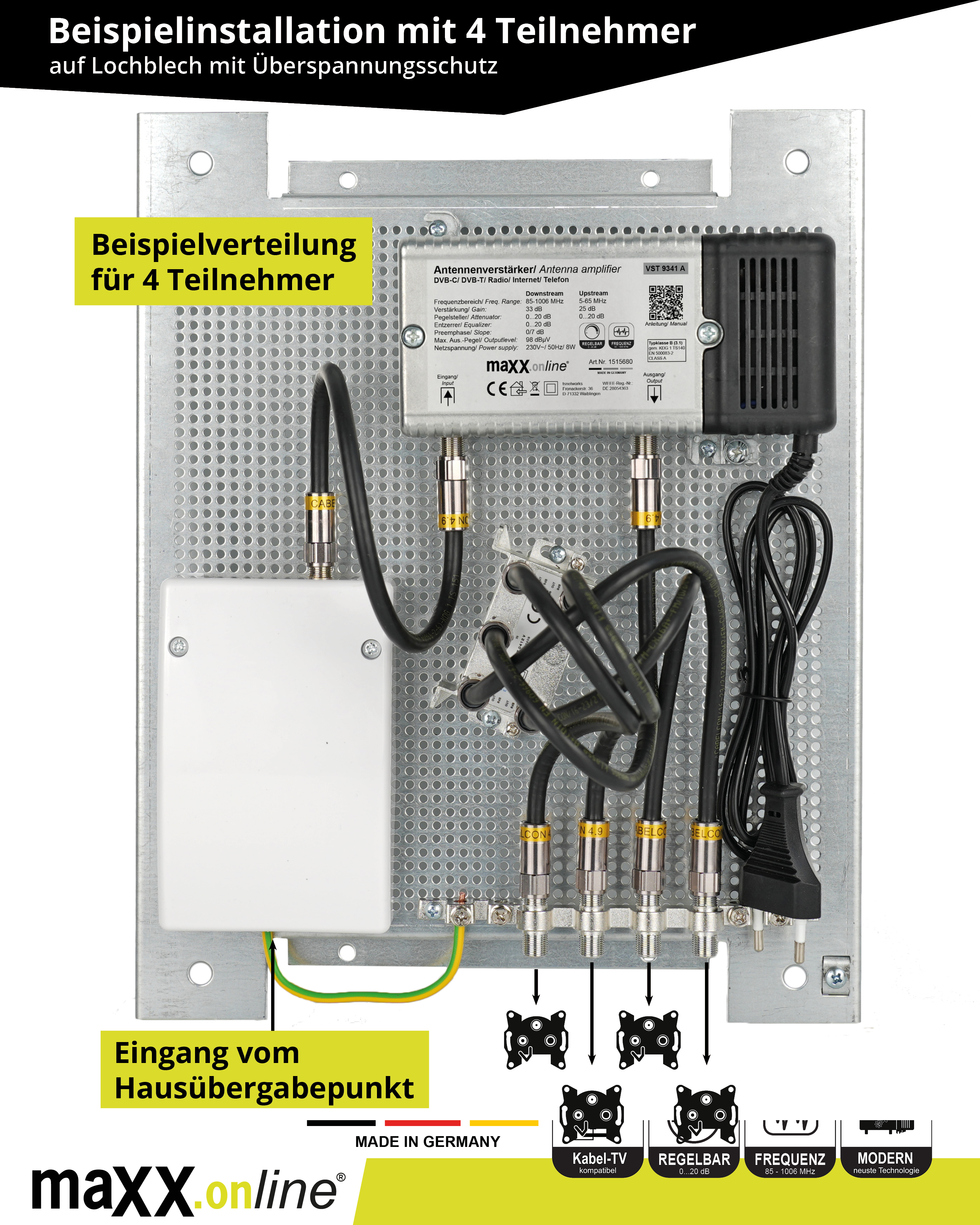 Antennenverstärker auf Metallplatte mit Kabeln, Anschlüssen und Etiketten. Text enthält 'maxx.online' und 'Made in Germany'.