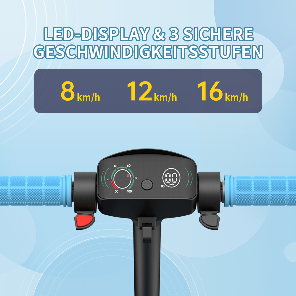 Der Lenker eines Elektrorollers mit Digitalanzeige, die Geschwindigkeitsstufen anzeigt: 8, 12 und 16 km/h. Blaue Griffe und ein schwarzer Schaft.