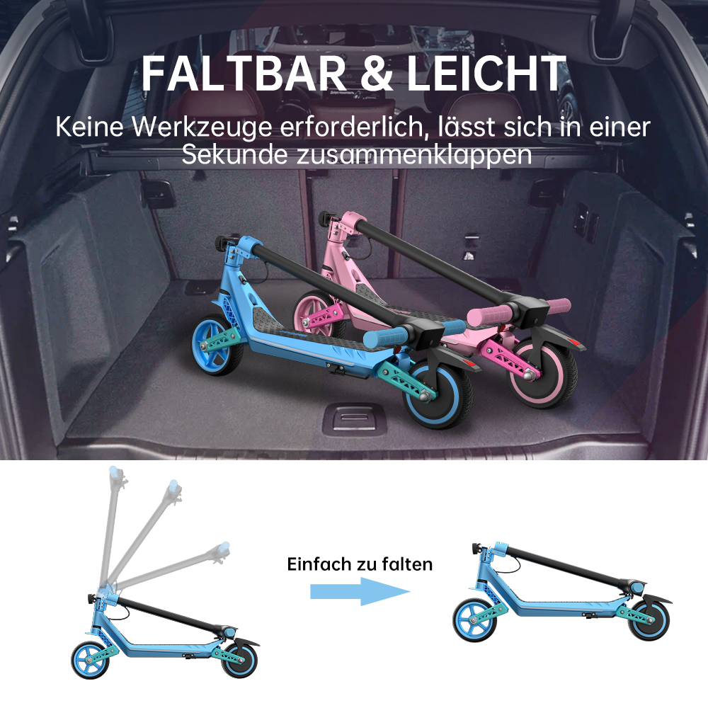 Zwei zusammengeklappte Roller, einer blau, einer rosa, im Kofferraum eines Autos. Text lautet 'Faltbar & Leicht' und 'Einfach zu falten'.