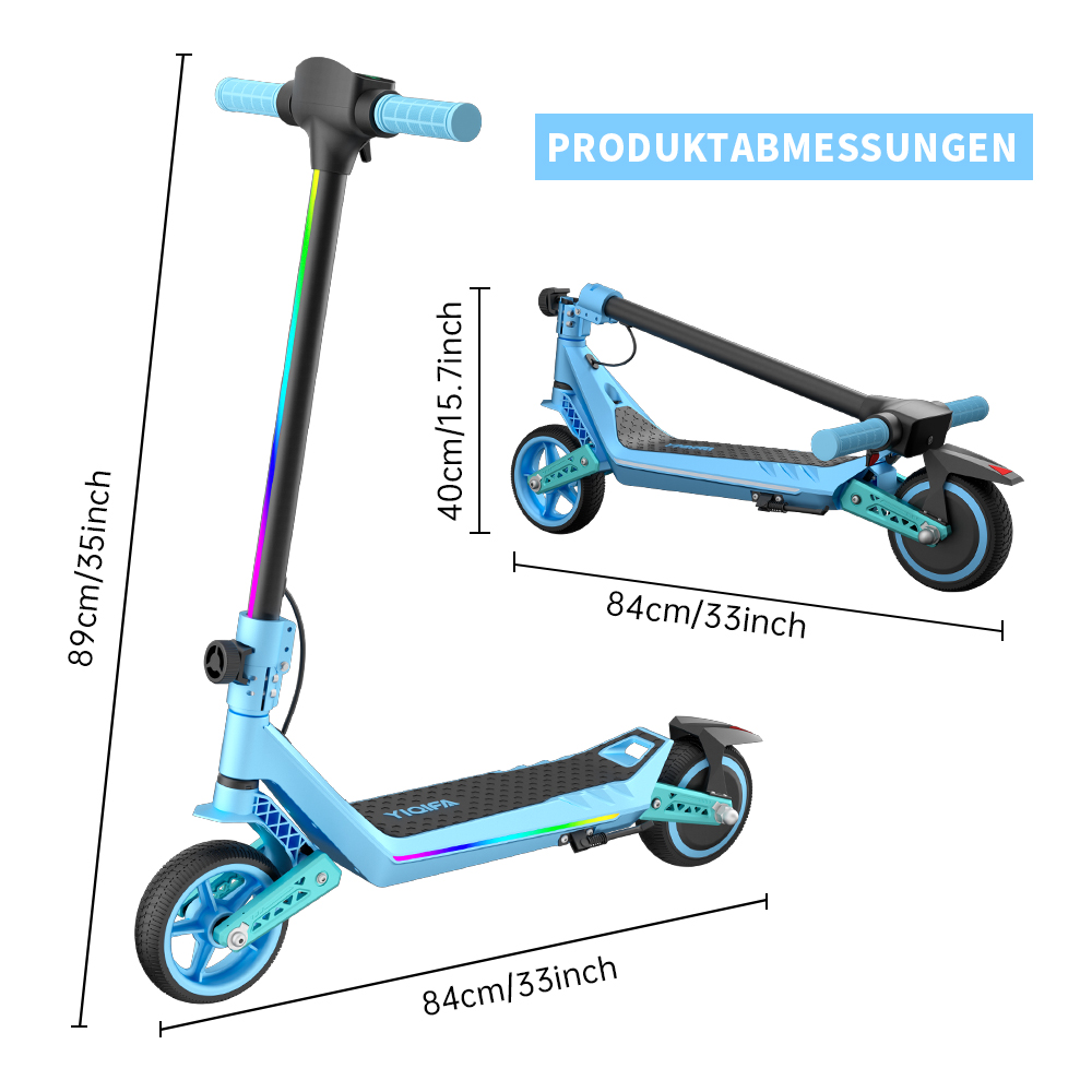 Drei hellblaue Elektroroller mit schwarzen und farbigen Akzenten. Abmessungen sind angegeben, ein Roller ist zusammengeklappt.