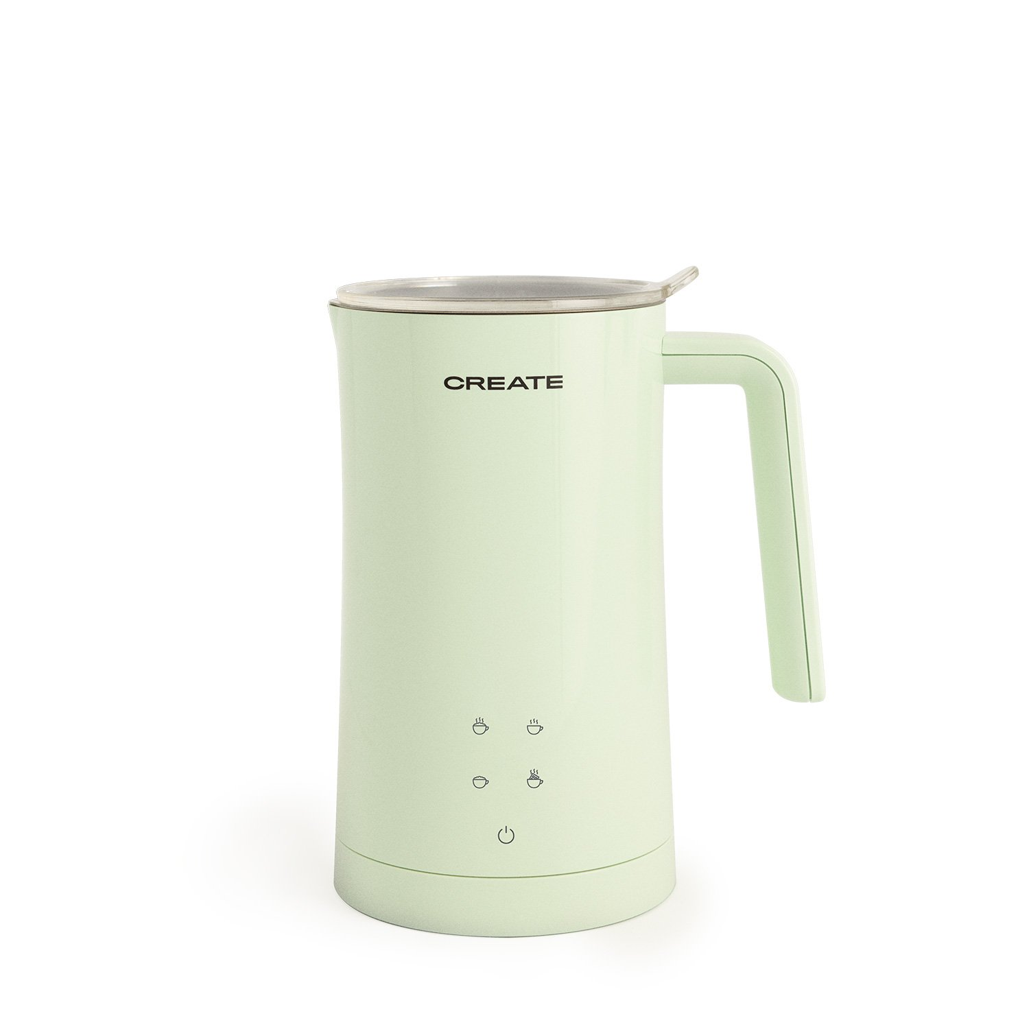 Un espumador de leche CREATE verde menta. Tiene un asa, una tapa transparente y botones de control.