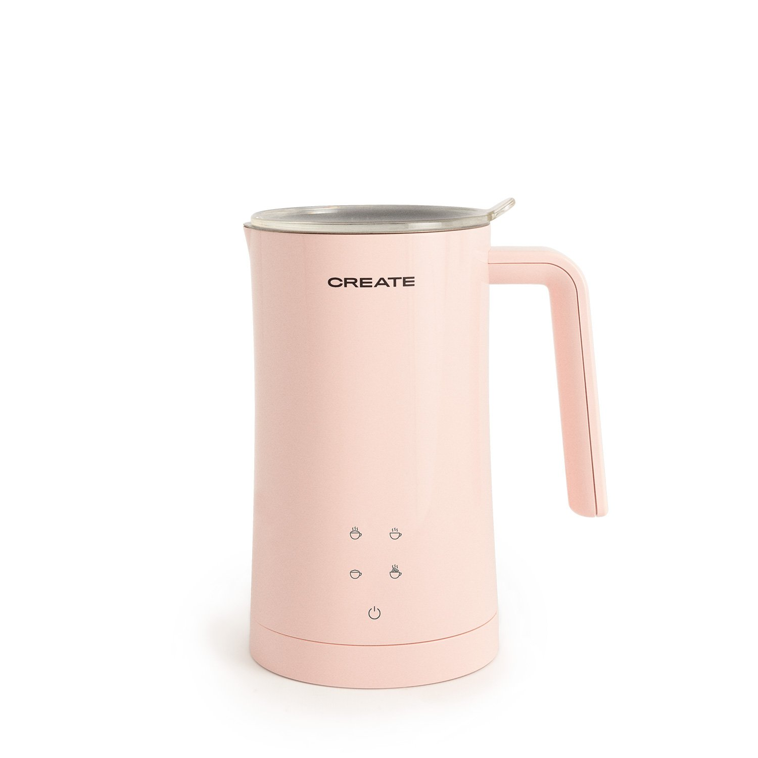 Un espumador de leche eléctrico rosa con asa, tapa y botones, etiquetado 'CREATE'.