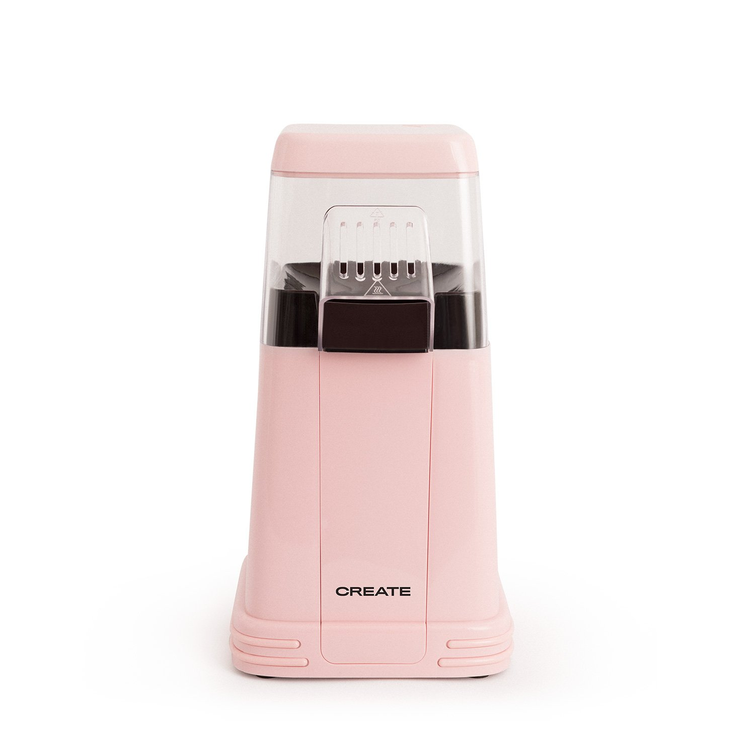Una máquina de palomitas rosa sobre fondo blanco. Tiene una parte superior transparente, interior negro y la palabra 'CREATE' al frente.