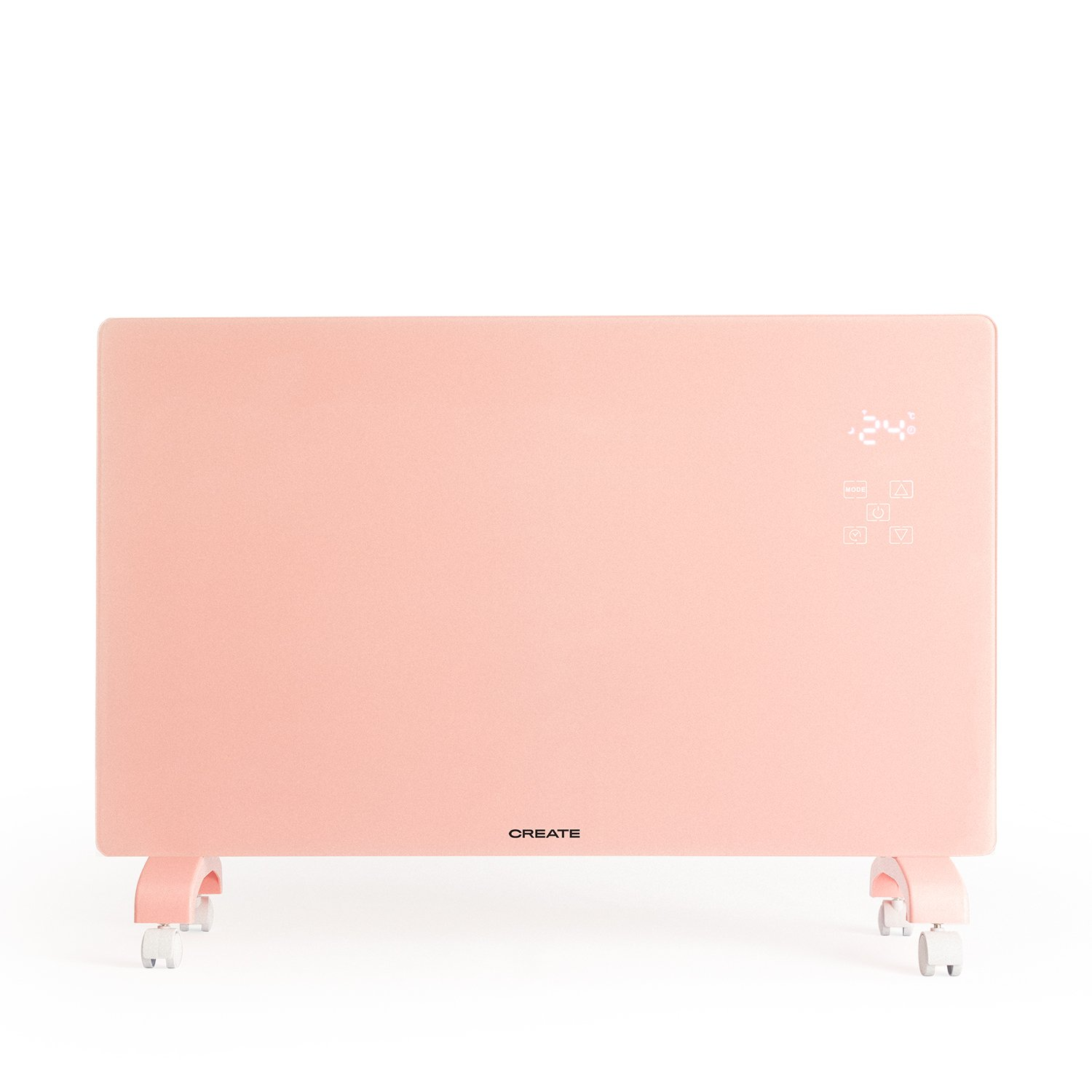 Un calefactor eléctrico rosa con ruedas. Tiene una pantalla digital que muestra 24 grados. La palabra "CREATE" está impresa.