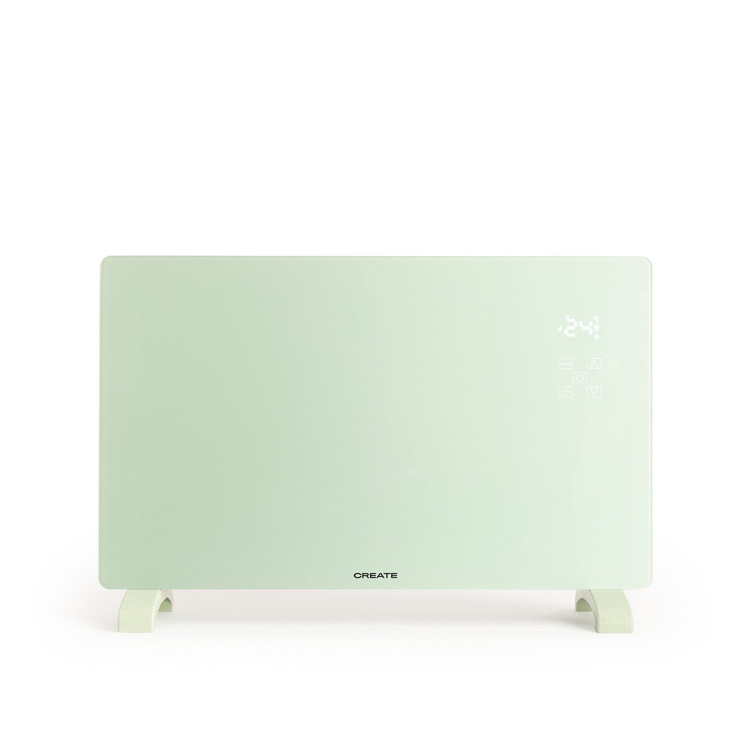 Un calefactor eléctrico verde menta con pantalla digital que muestra 24 grados. Tiene el logo 'CREATE' y se apoya en dos patas verdes claras.