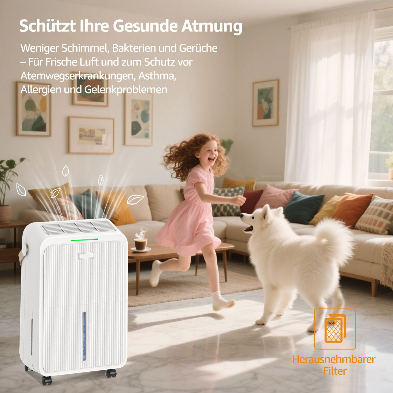 Ein Mädchen rennt mit einem weißen Hund in einem Wohnzimmer. Ein Luftreiniger ist im Vordergrund.