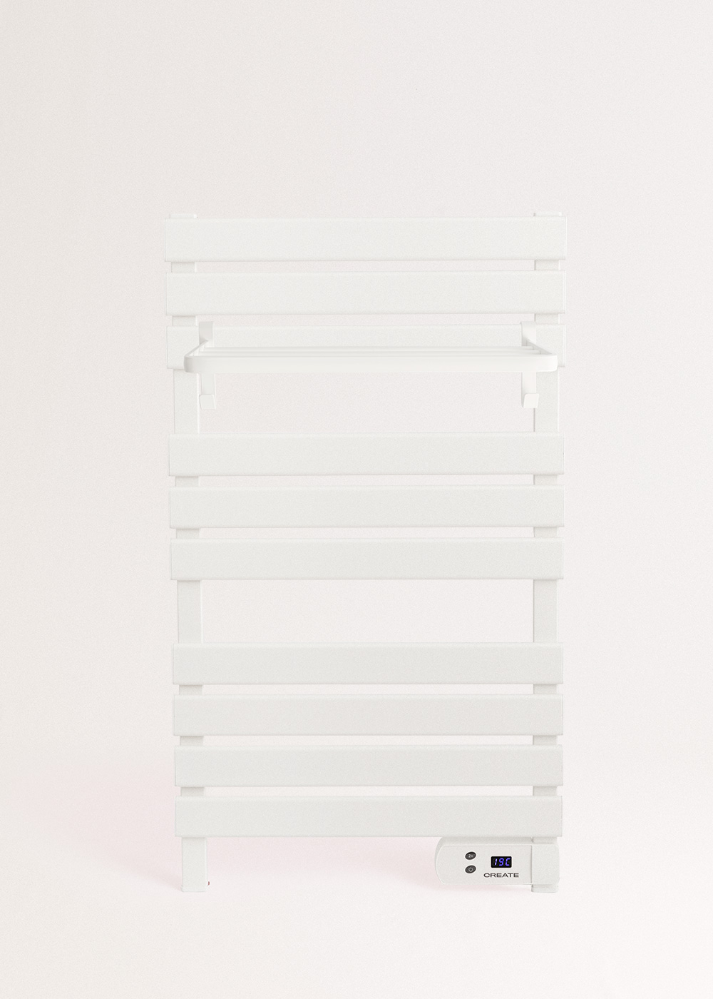 Un calienta toallas blanco y moderno. Tiene barras horizontales y una pantalla digital que muestra 19C. El fondo es blanco.