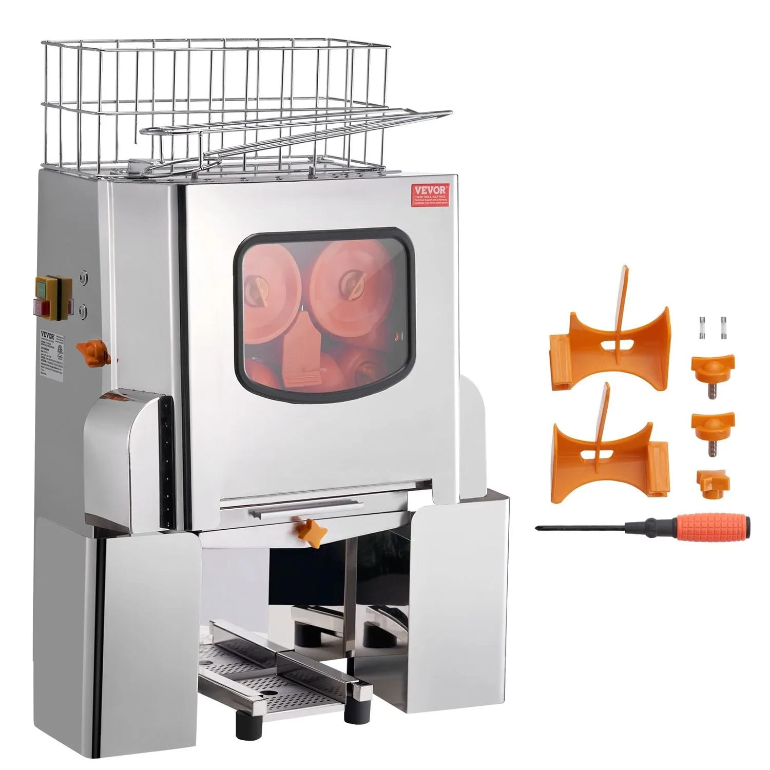 Roestvrijstalen juicer met oranje componenten. Inclusief een mand, oranje onderdelen en een schroevendraaier. Onderdelen op witte achtergrond.