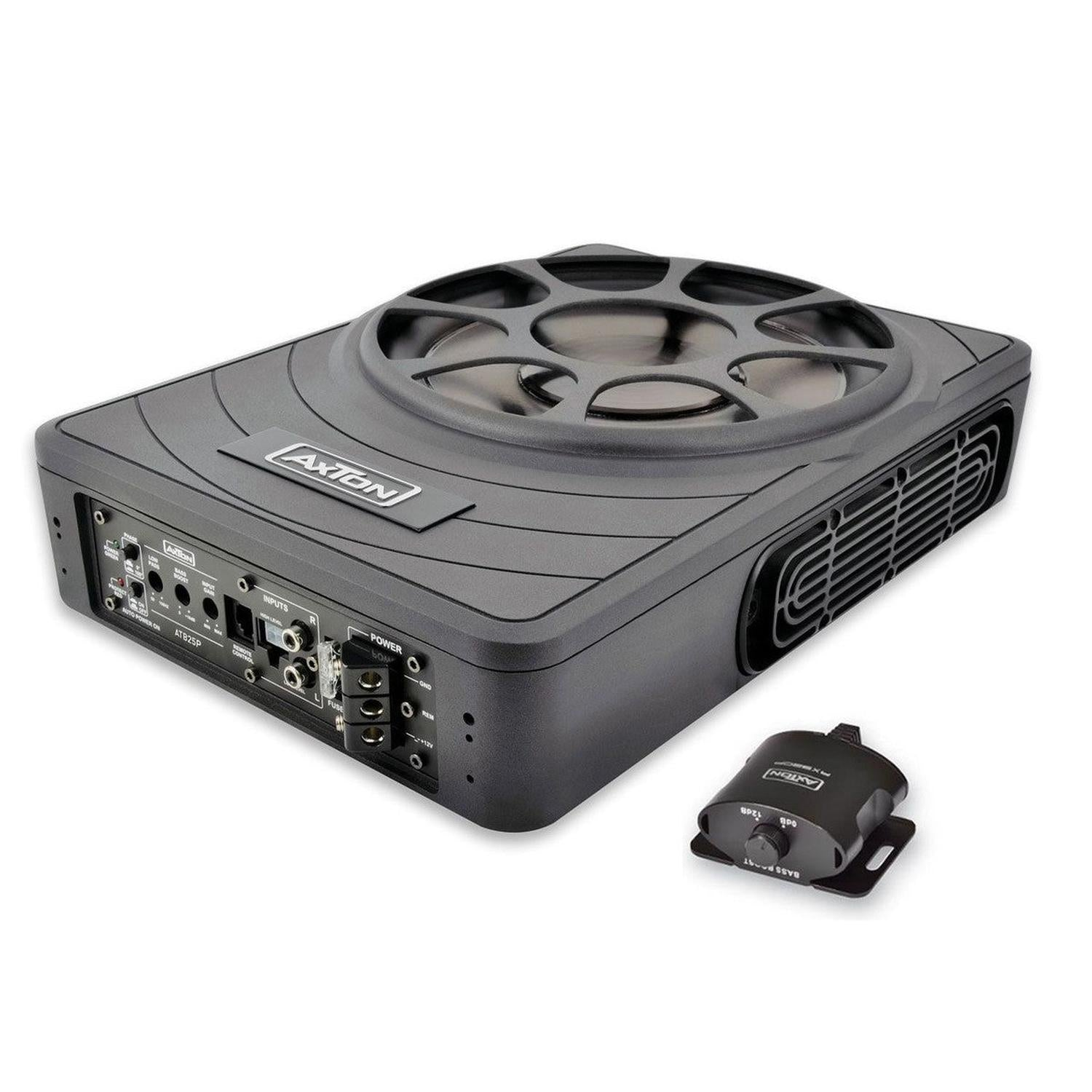 Schwarzer Auto-Subwoofer mit der Marke 'AXTON'. Oben befindet sich ein kreisförmiger Grill und ein kleines Steuermodul.