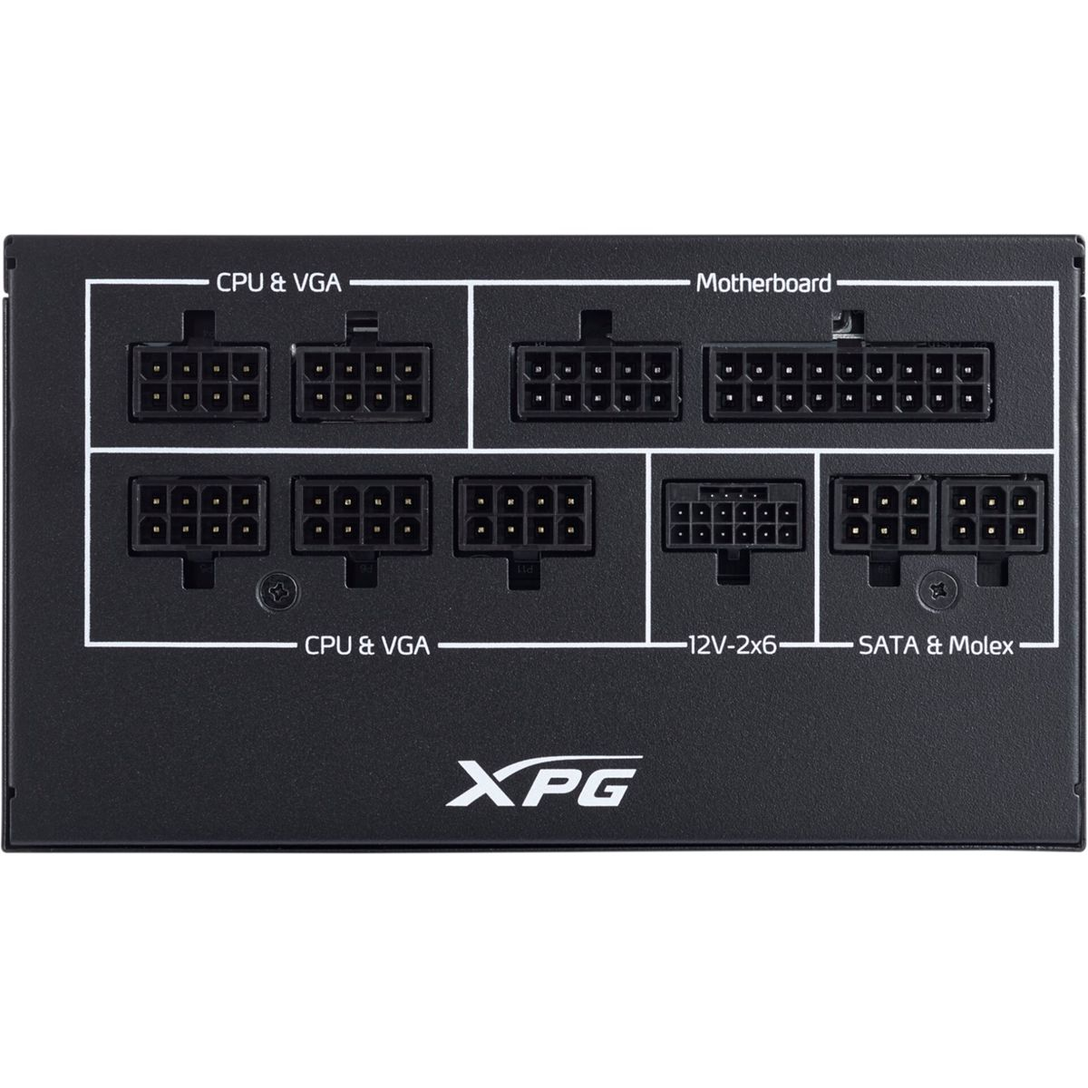 Schwarzes XPG-Netzteil. Hat mehrere Anschlussports mit der Bezeichnung CPU&VGA, Motherboard, 12V-2x6 und SATA & Molex. Weiße Umrisse.