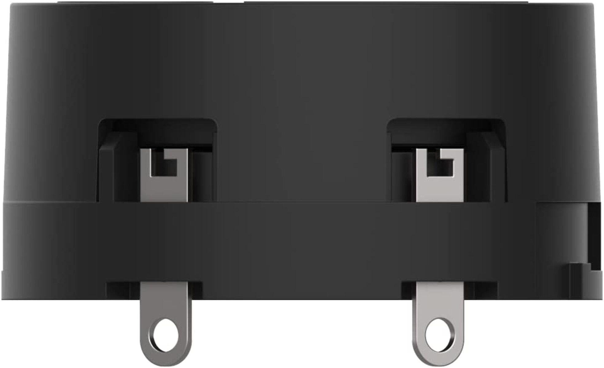 Nahaufnahme einer schwarzen elektrischen Komponente. Es hat zwei Metallstifte mit Löchern und zwei Metallclips.