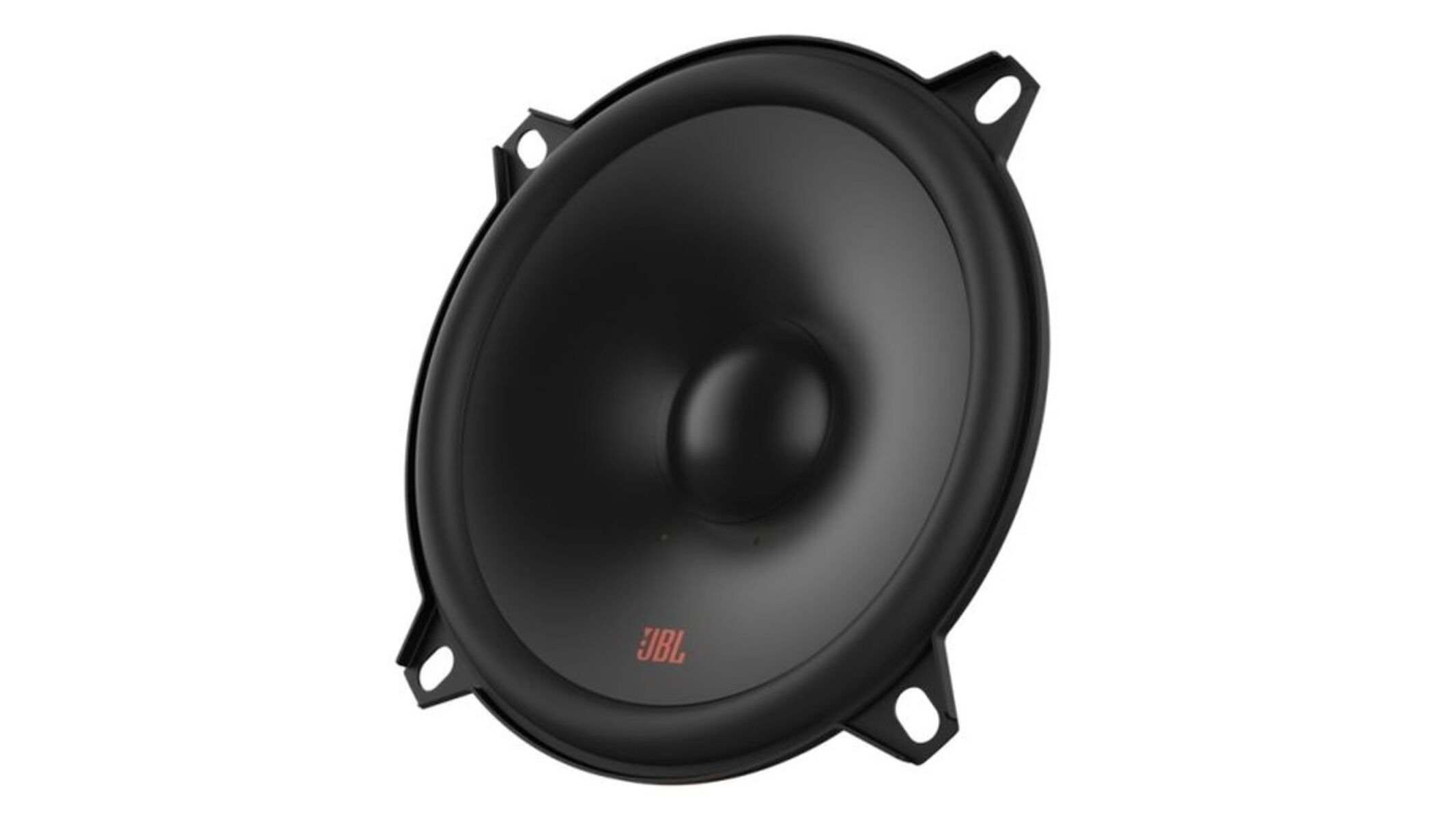 Ein schwarzer JBL-Autolautsprecher. Er hat einen Konus in der Mitte. Vier Montageösen befinden sich am Umfang. Das JBL-Logo ist sichtbar.
