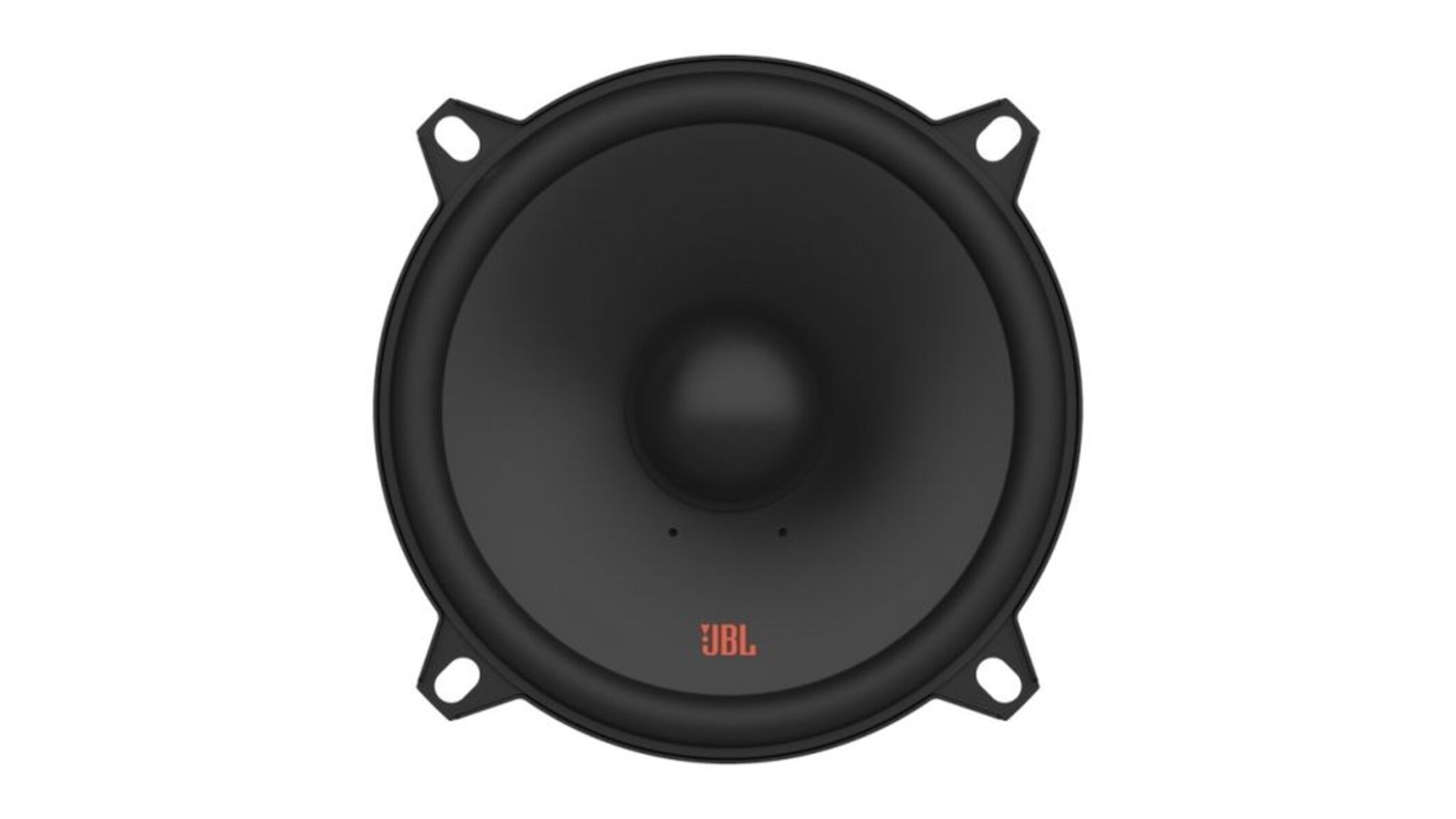 Ein schwarzer JBL-Lautsprecher mit einem zentralen Konus, umgeben von einem kreisförmigen Rahmen und vier Befestigungslaschen. Das JBL-Logo ist sichtbar.