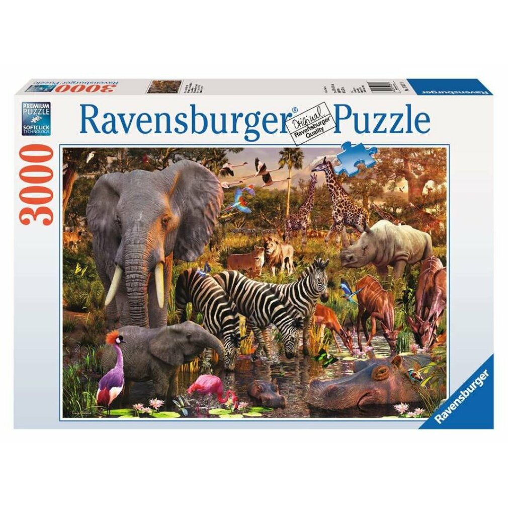 Puzzledose mit afrikanischen Tieren, darunter Elefanten, Zebras, Giraffen, Nashörner und Flusspferde, die an einem Wasserloch trinken.