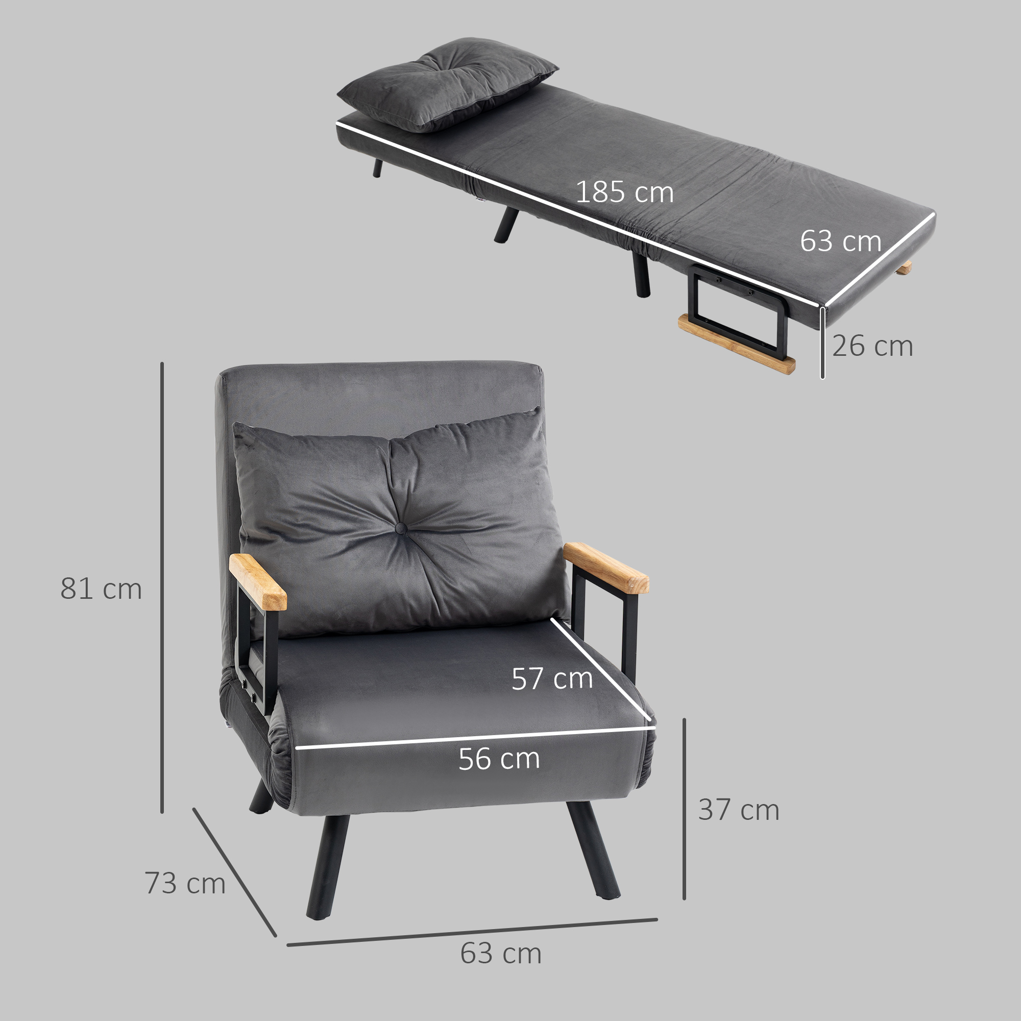 Un set grigio di divano letto e sedia con dimensioni etichettate. La sedia ha braccioli in legno e un cuscino.