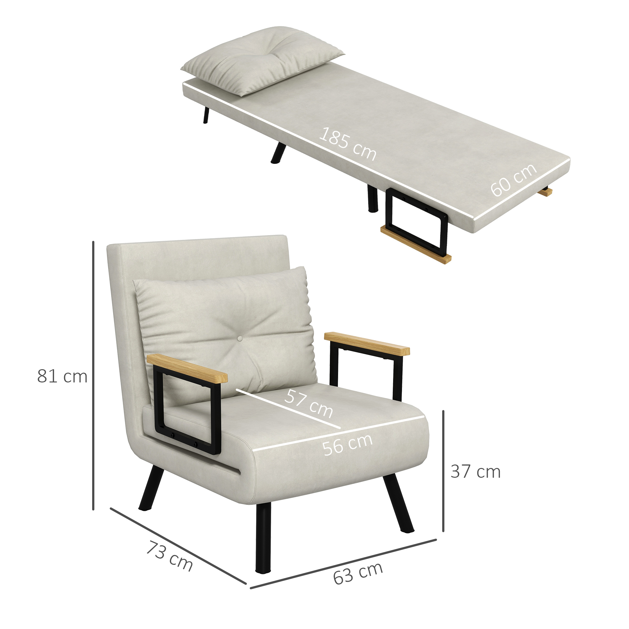 L'immagine mostra un letto pieghevole e una poltrona singola, entrambi beige chiaro. Dimensioni in cm.