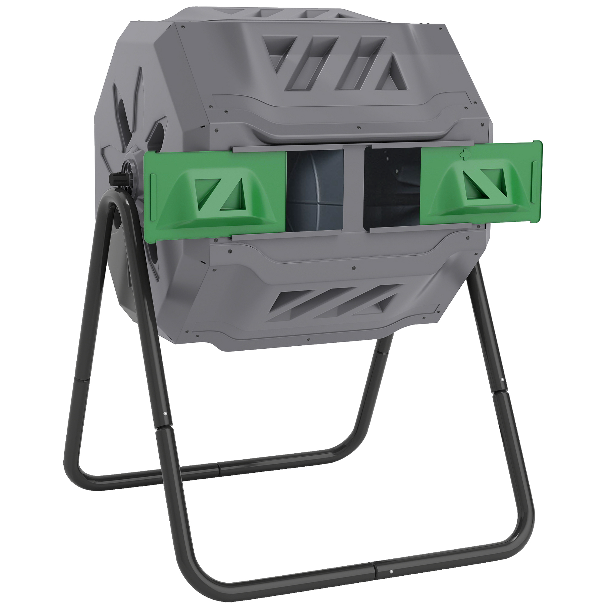 Un composter grigio con ante verdi e telaio nero. Il composter è su sfondo bianco.