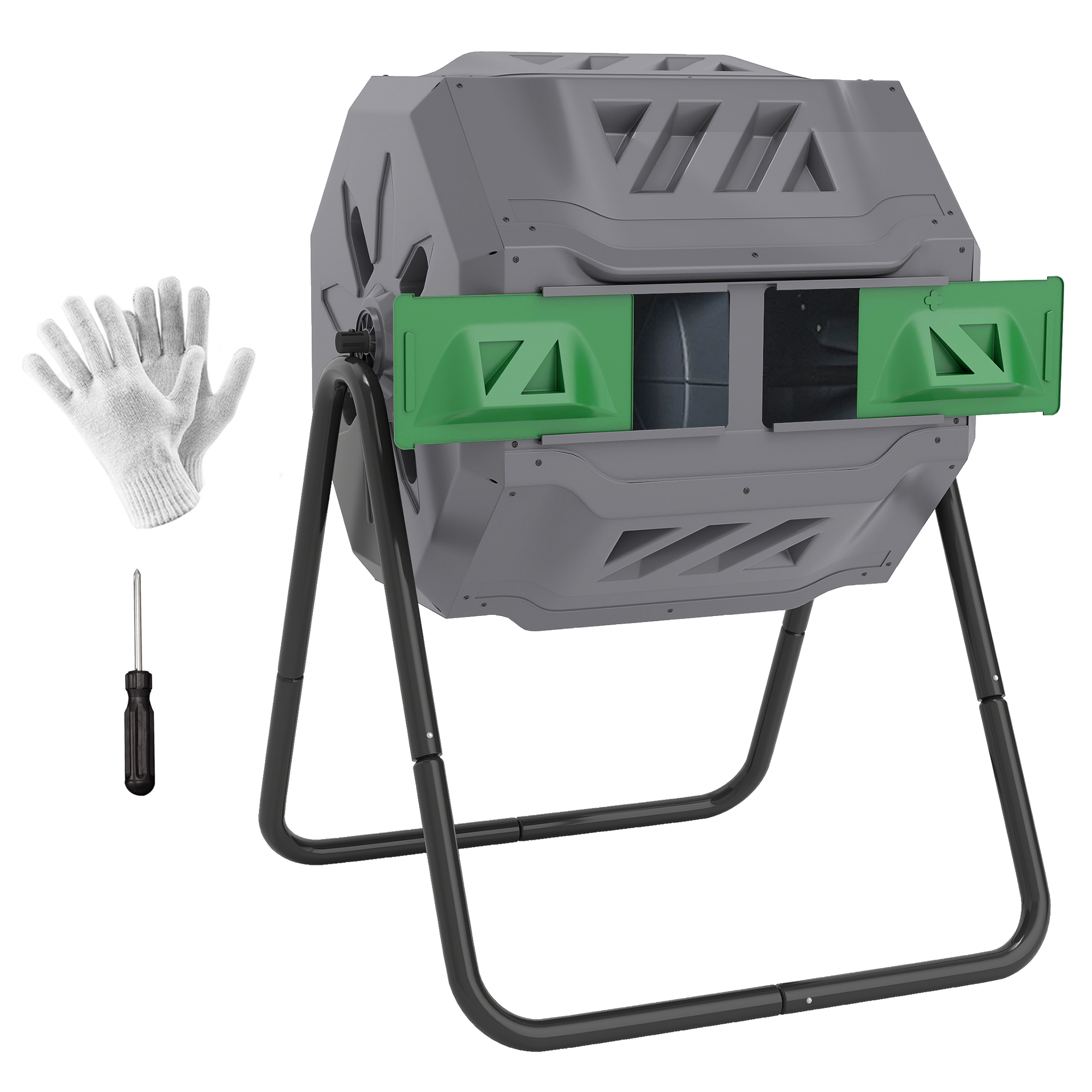 Un composter grigio con ante verdi, guanti e un cacciavite su sfondo bianco.