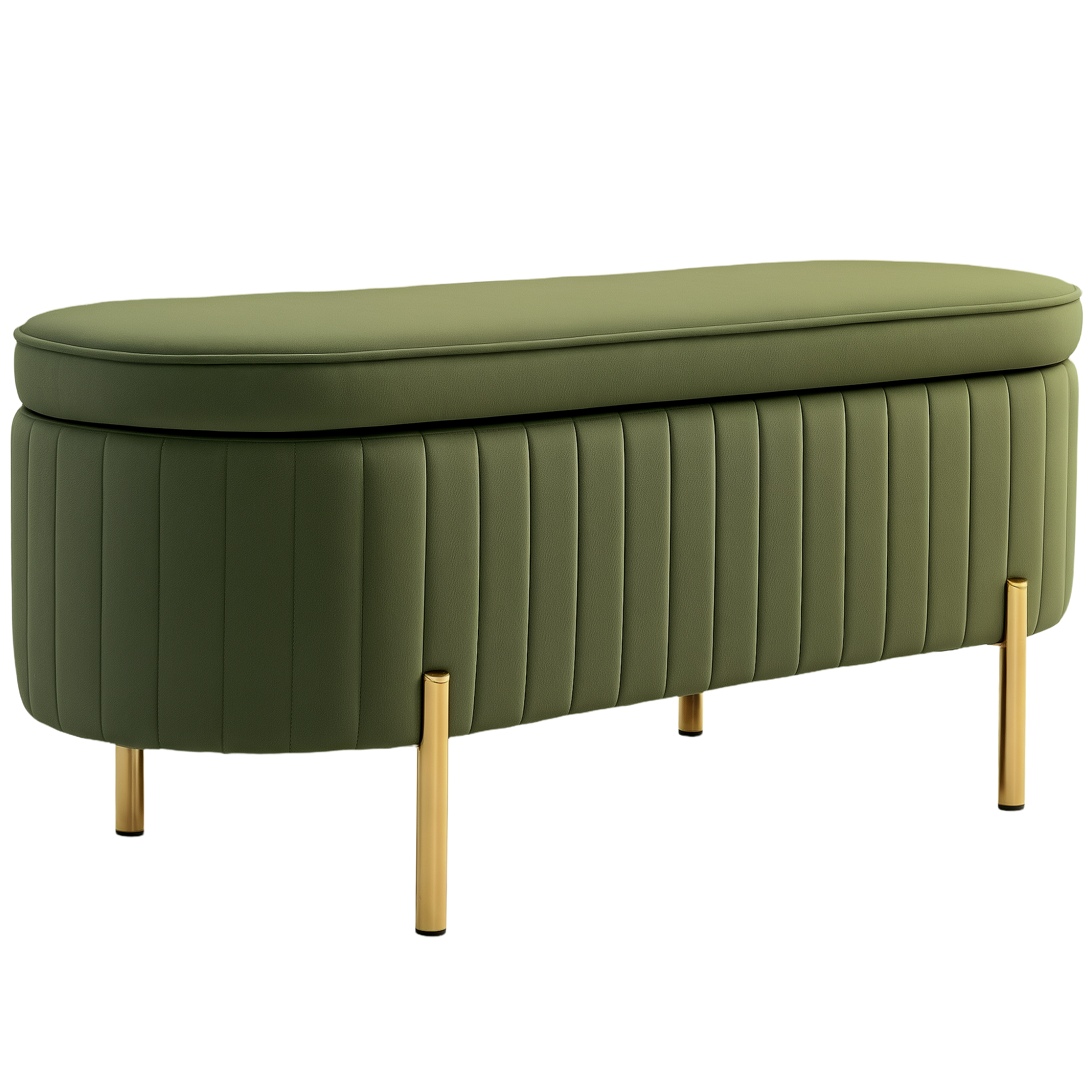 Una panca verde oliva con gambe dorate. La panca ha un top imbottito e un design a linee verticali sui lati.