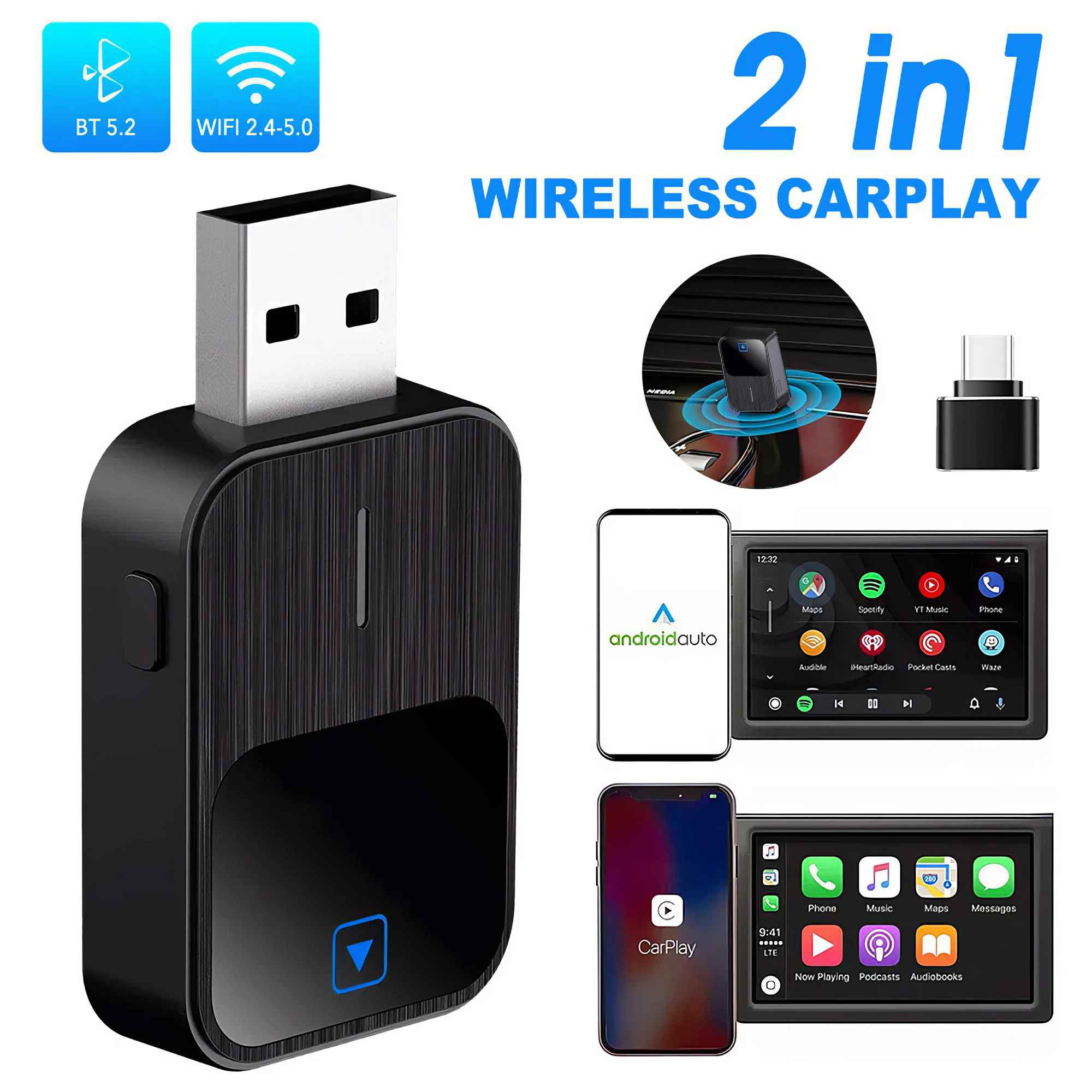 Schwarzer Adapter mit USB und CarPlay/Android Auto-Anzeigen. Text: 2 in 1 Wireless CarPlay und BT 5.2, WiFi 2.4-5.0.
