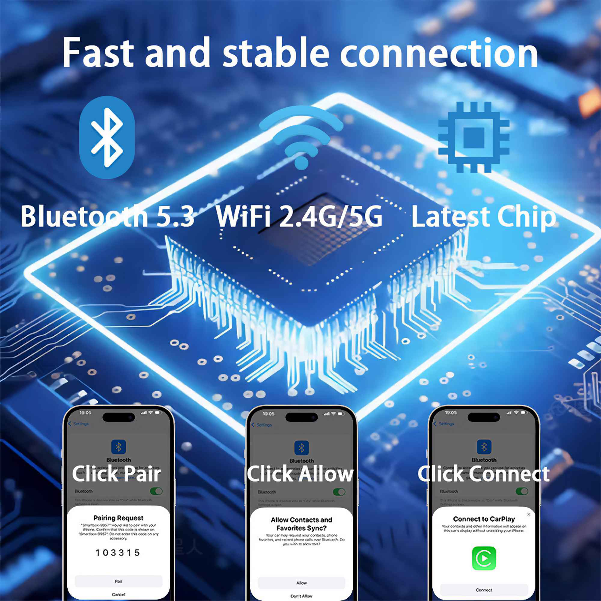 Das Bild zeigt die Einrichtung einer Bluetooth-Verbindung auf Telefonen. Es enthält die Aufforderungen 'Click Pair', 'Click Allow' und 'Click Connect'.
