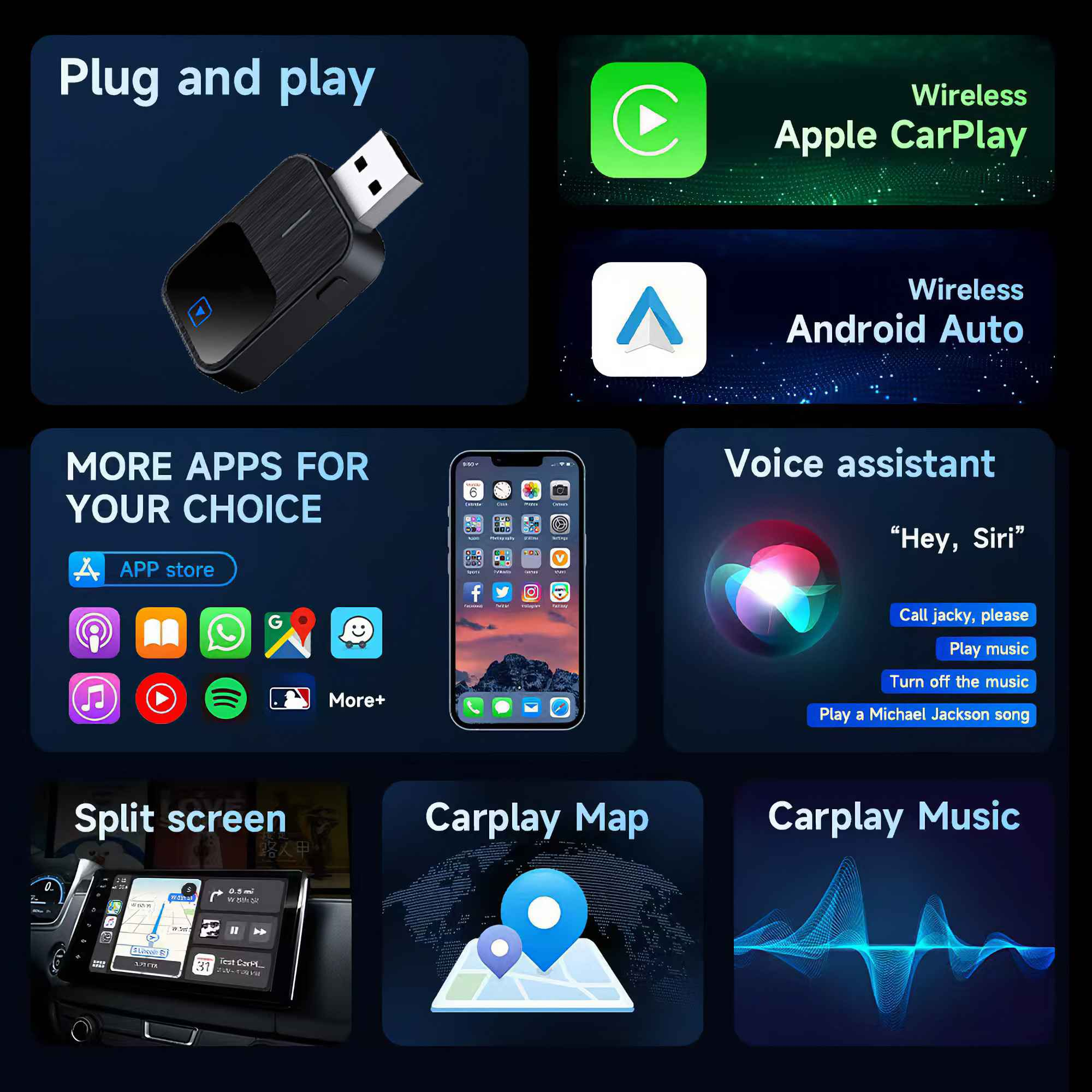 Das Bild zeigt einen schwarzen USB-Adapter und Funktionen wie Apple CarPlay, Android Auto, App Store und Sprachassistent.