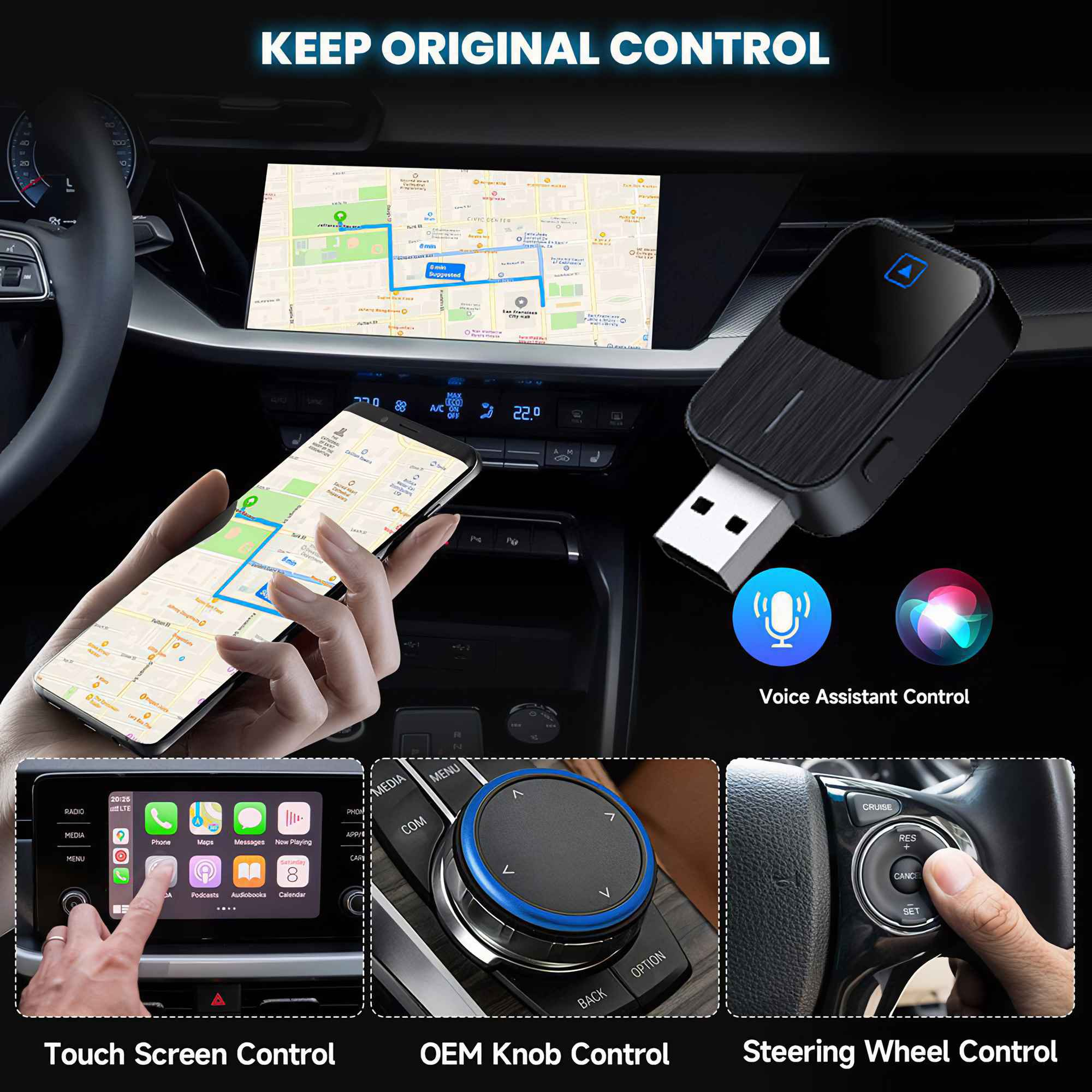 Autointerieur mit Navigationsbildschirmen, Telefon und Bedienoptionen. Beinhaltet Touchscreen, Knopf und Lenkradsteuerung.