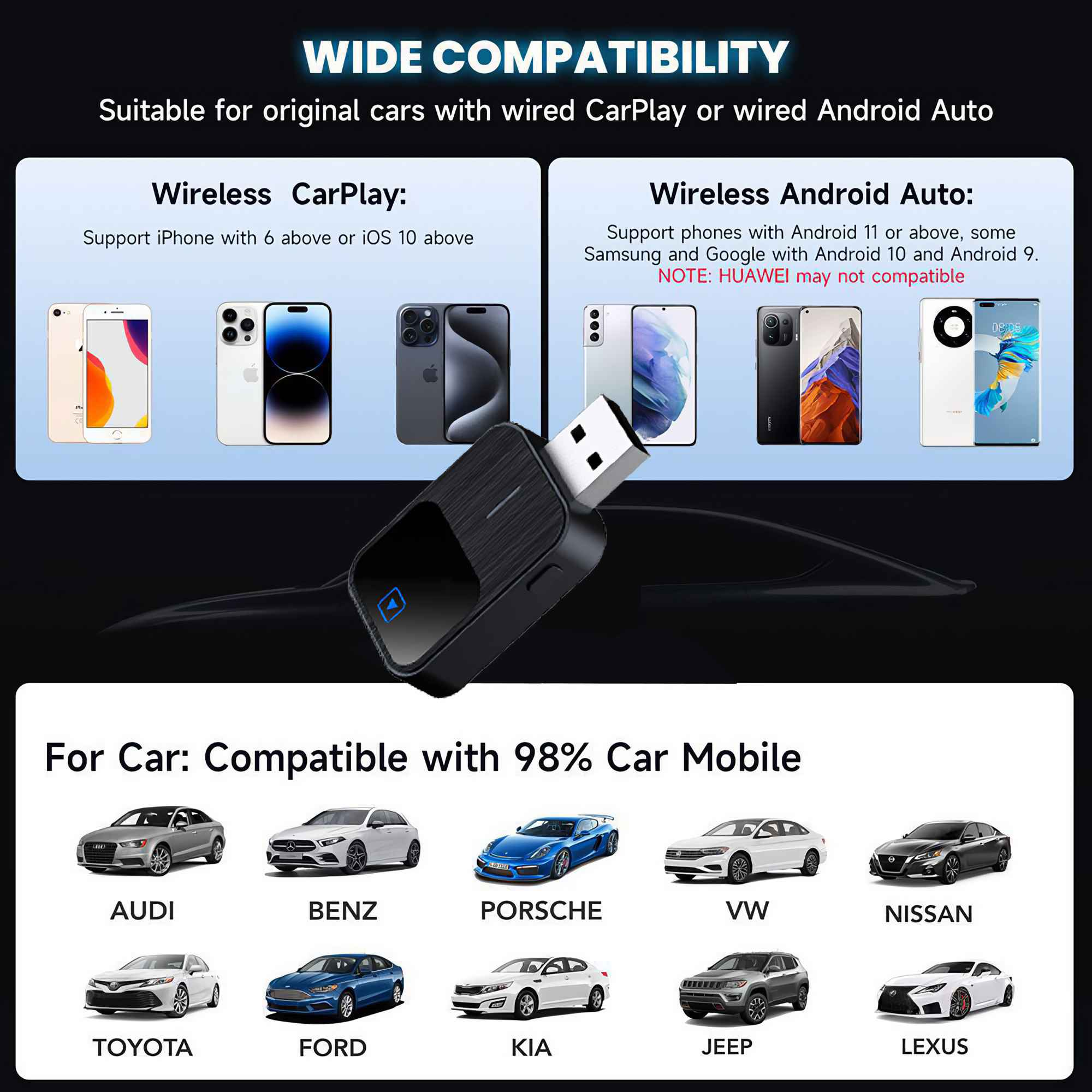 Das Bild zeigt ein schwarzes Gerät mit USB-Stecker. Es werden Telefone und Automodelle wie Audi, Benz, Porsche usw. angezeigt. Der Text besagt Kompatibilität.