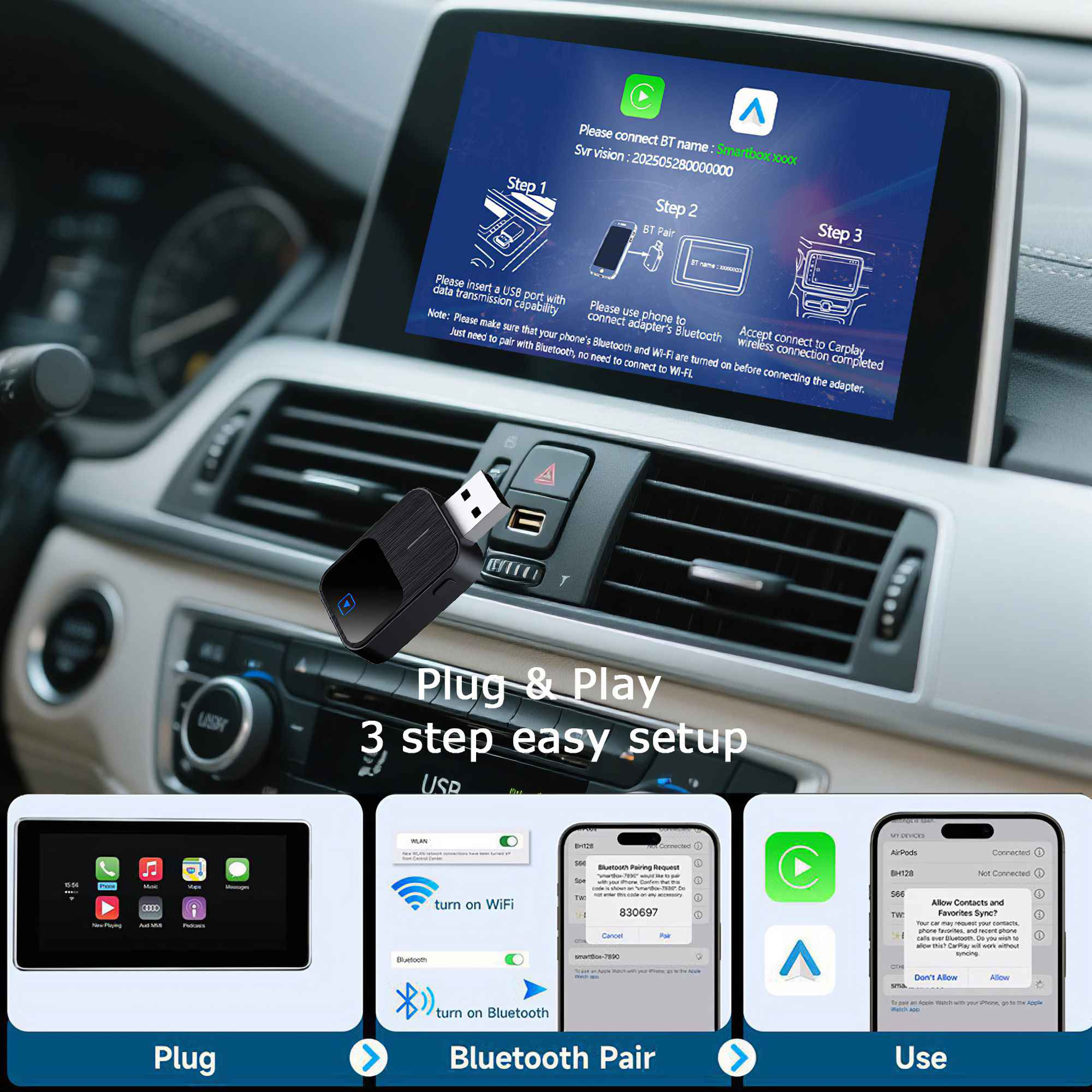 Anleitung zur Einrichtung des Autoradios. Zeigt USB-Adapter, Bildschirm und Telefon mit Bluetooth-Anweisungen.
