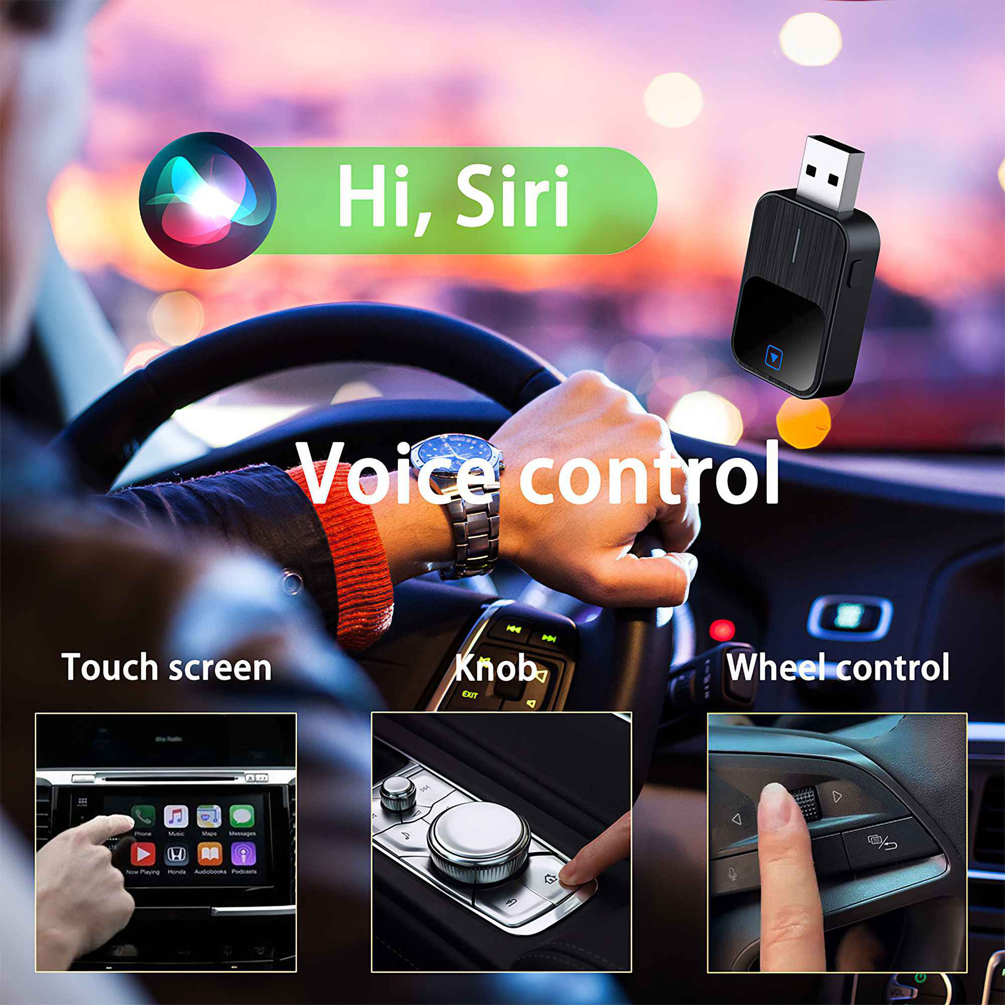 Das Bild zeigt einen Innenraum eines Autos mit Sprachsteuerungsfunktionen, einschließlich Touchscreen, Knöpfen und Lenkrad.