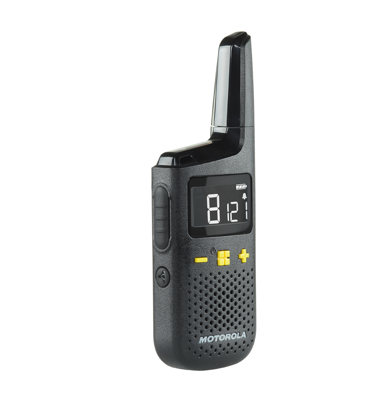 Un walkie-talkie Motorola negro. Tiene una pantalla digital que muestra números y botones. Tiene una antena.